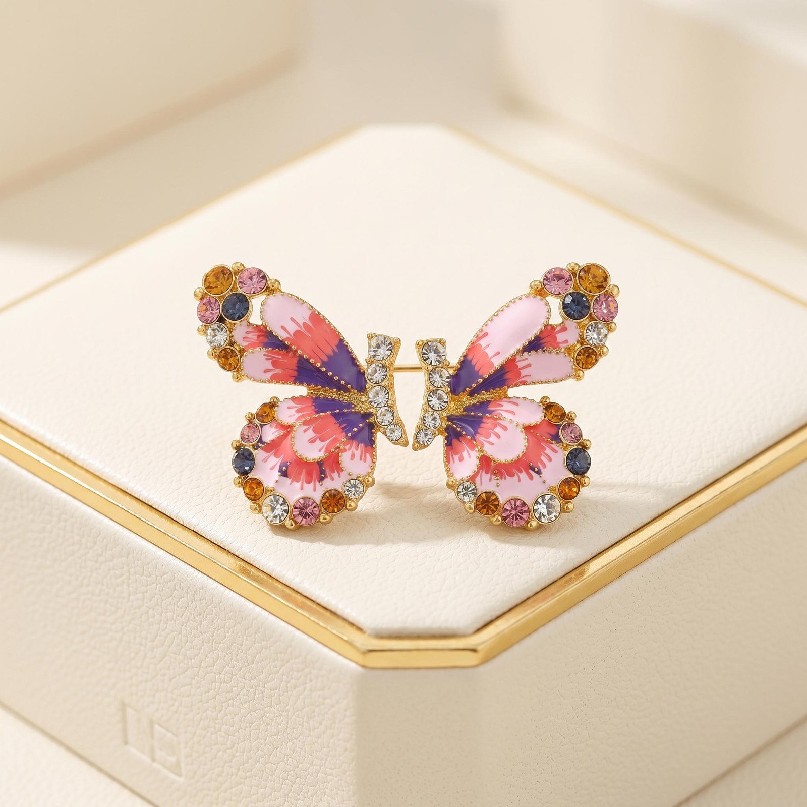 Colorful Butterfly Stud Earrings, Pink Purple Gold Rhinestone Enamel Statement