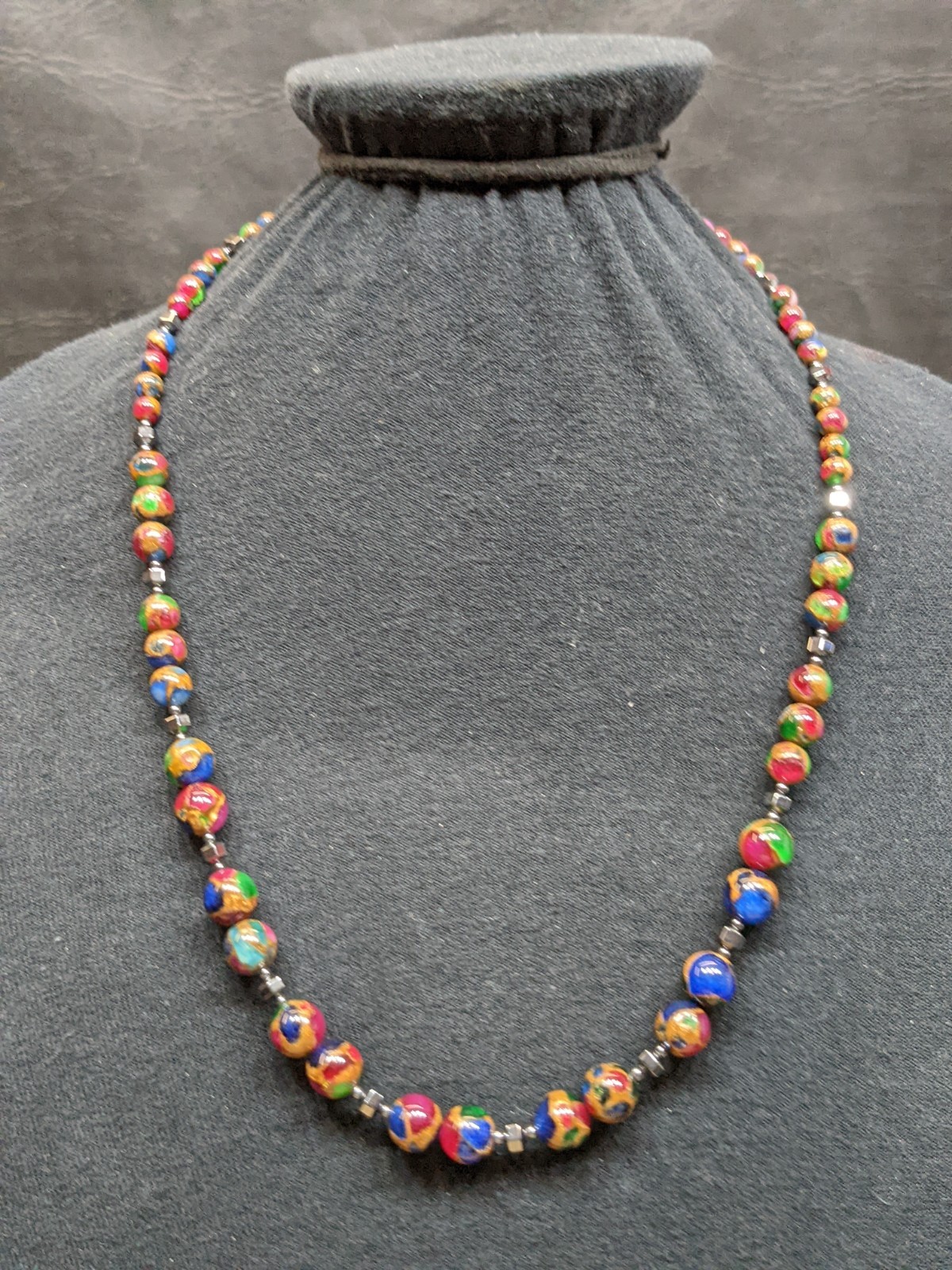 Composite Stone Bead Necklace Jadeite Range Boho Beaded Glassy Jewelry ~22″