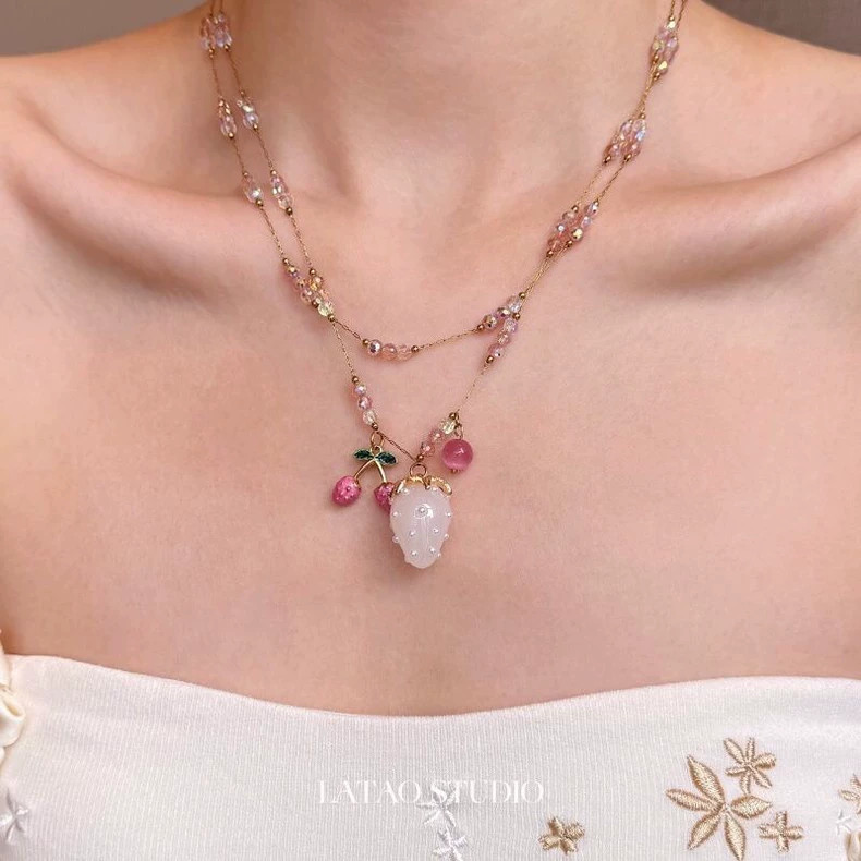 Pink Flower, Cherry, and Strawberry Necklace