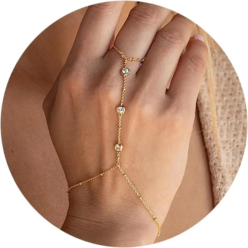 Hand Chain Bracelet with Ring Zircon Adjustable 14K Gold Plated Dainty Women