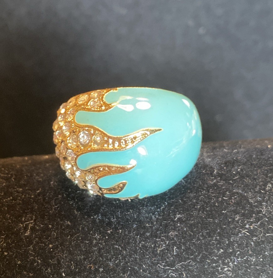 NEW Gorgeous Turquoise Enamel Dome Band Ring Gold Tone w/ clear stones size 7.75