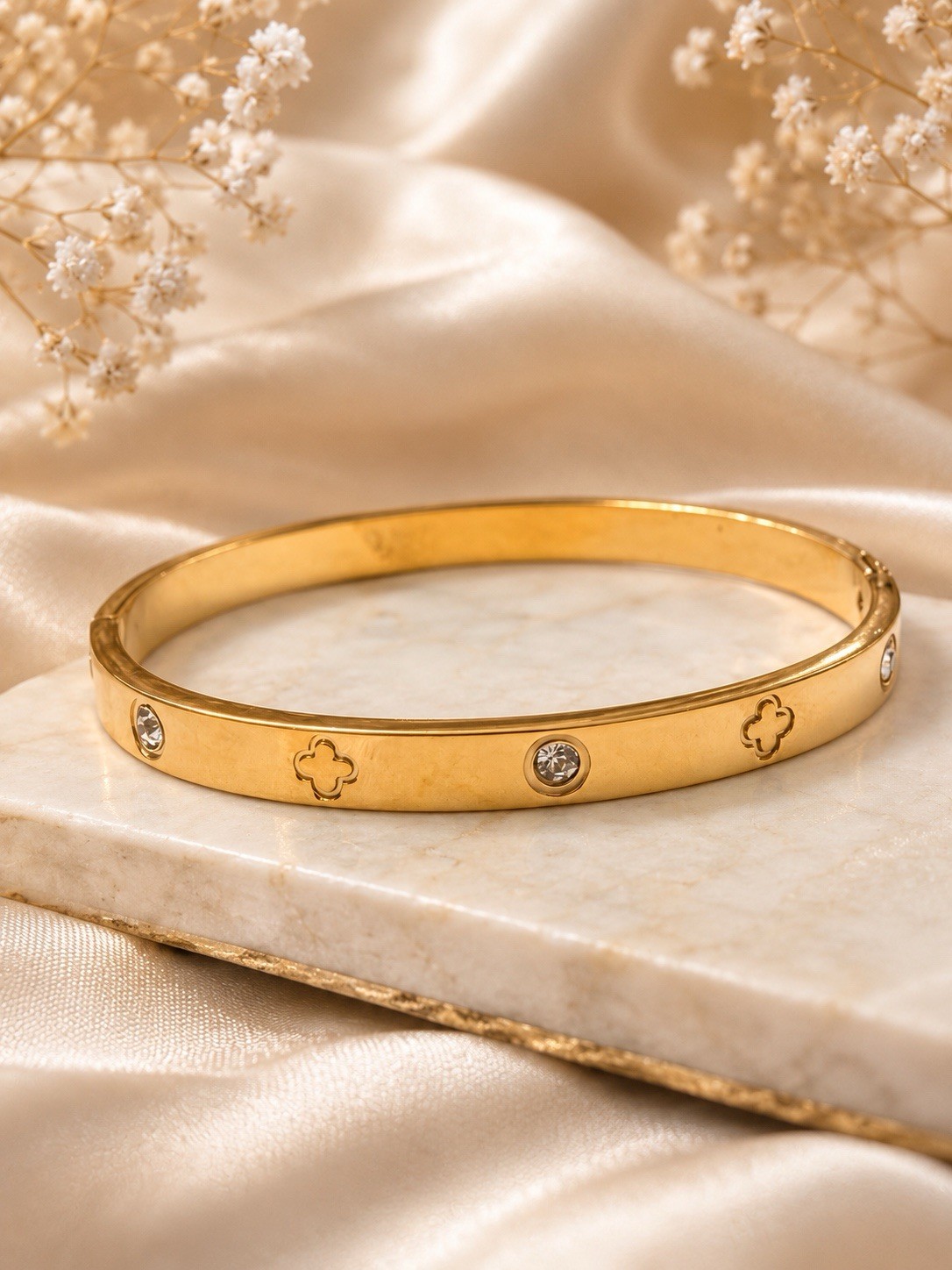 Gold Plated Clover Motif Bangle Bracelet Bezel Clear Crystals Luxury Inspired
