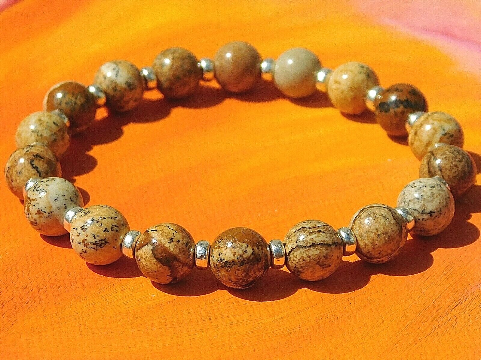 Mens / Ladies 8mm Handmade Gemstone & Silver Beaded Bracelet – Picture Jasper.