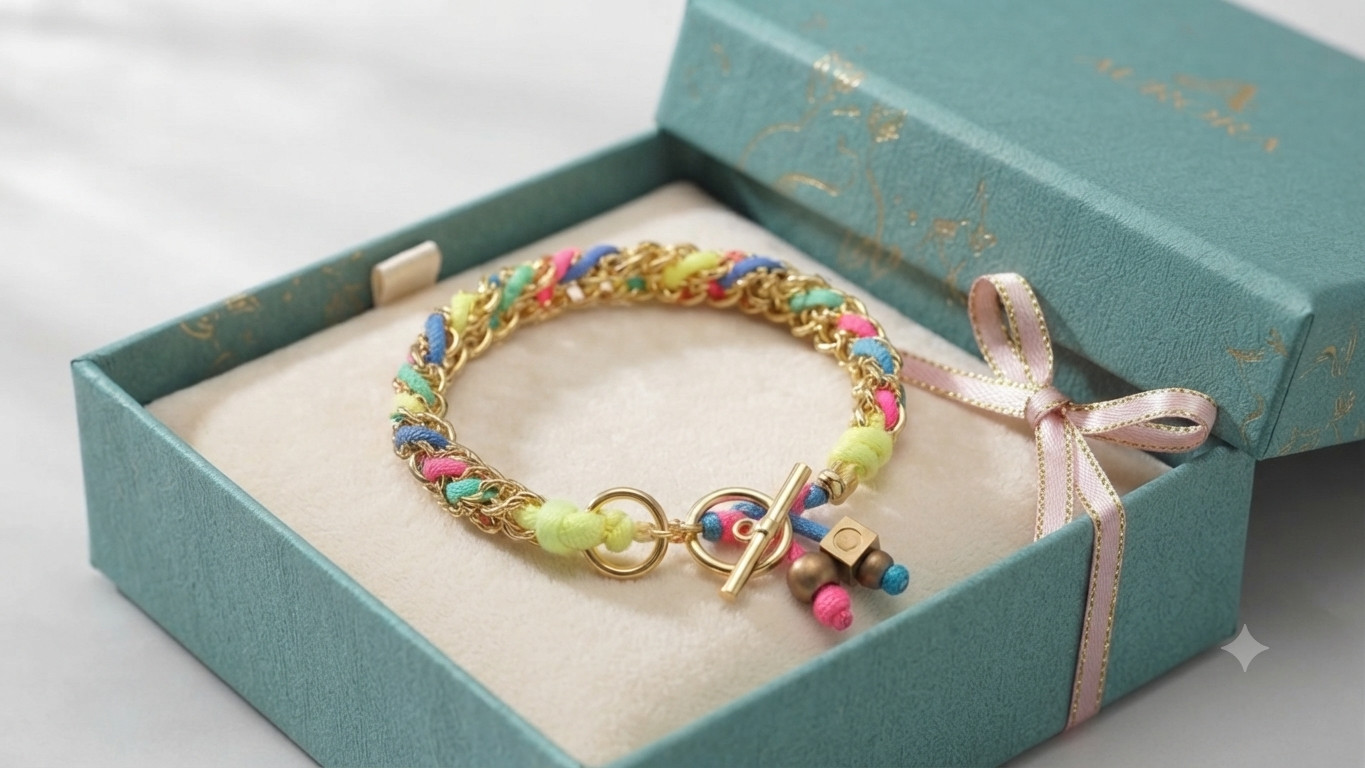 Colorful Woven Chain Bracelet Neon Rope Gold Tone Adjustable Boho Jewelry Gift