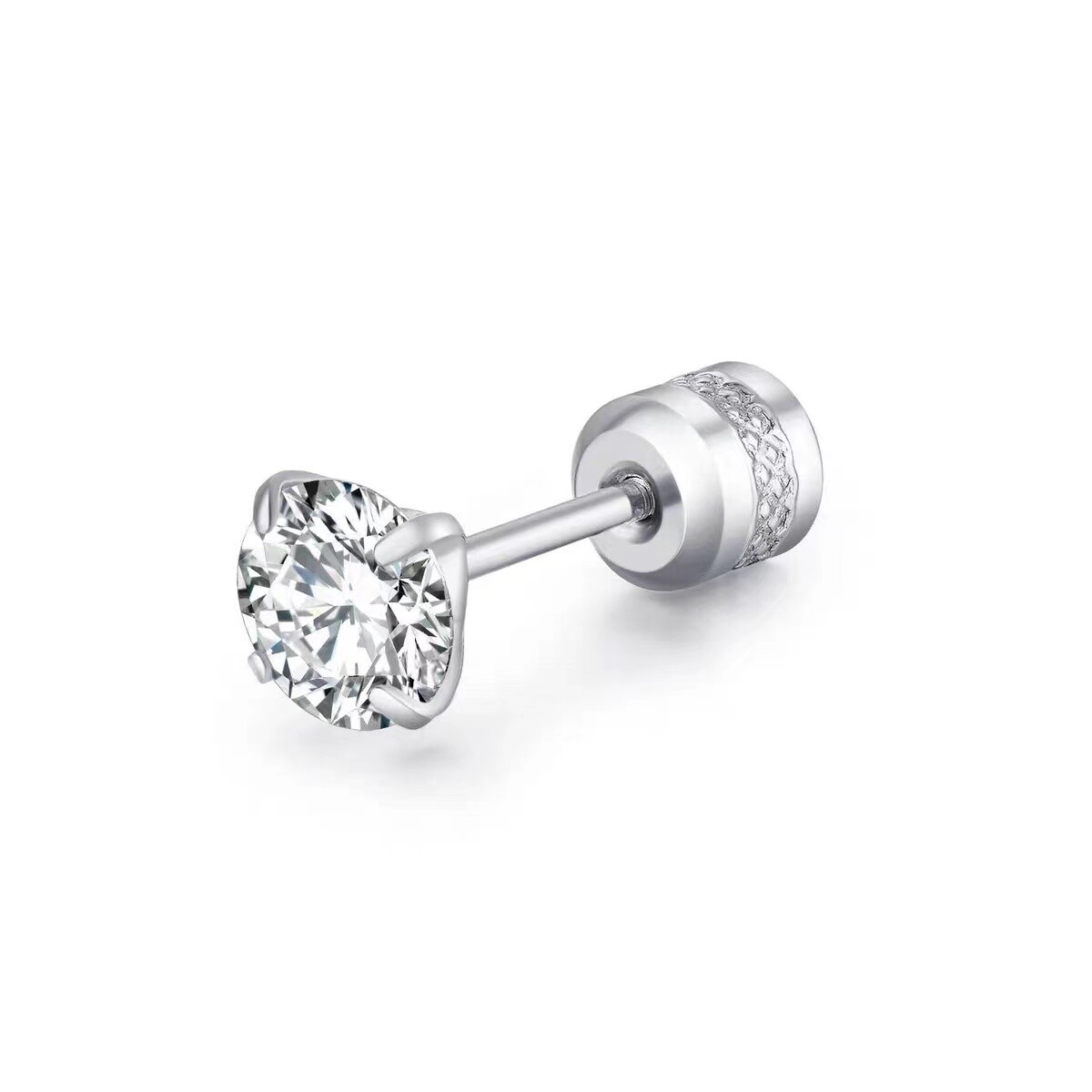 Silver Stud Earrings Surgical Steel Screw Back Cubic Zircon Round For Women Men