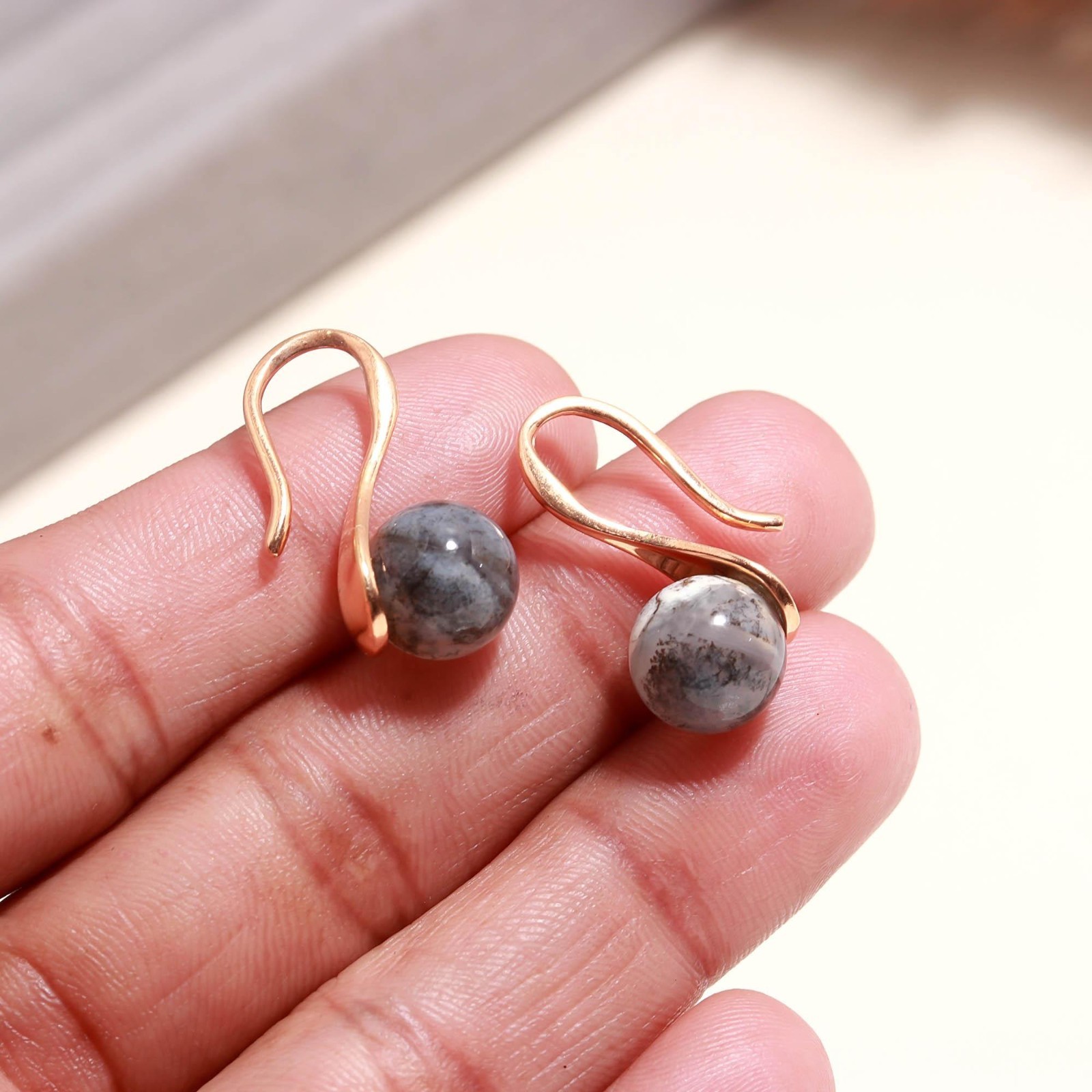 Natural Dendrite Opal Ball Dangle Earrings Rose Gold Plated Solid Silver Jewelry