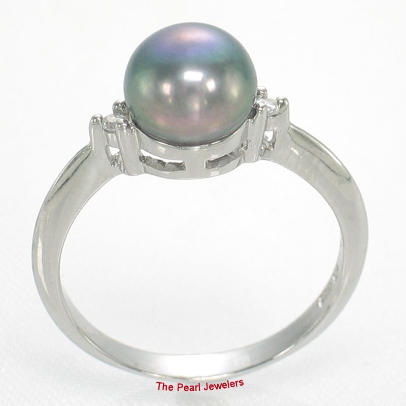 Solid 925 Silver Black Cultured Pearl Ring w/ Twin Cubic Zirconia Accents – TPJ
