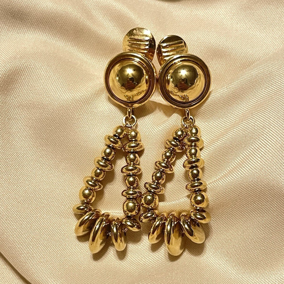 Vintage Signed Monet Gold Tone Beaded Triangle Dangle Drop Clip-On Earrings