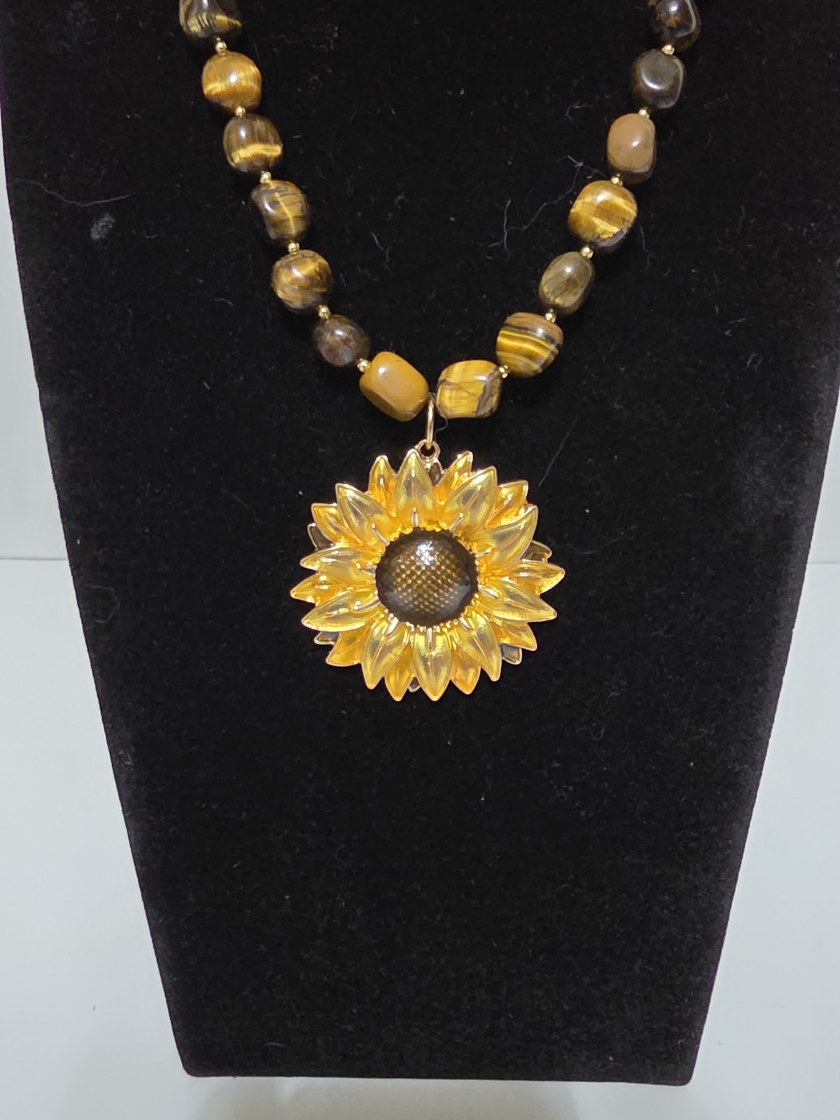 18.5in Earthy Banded Stone Necklace with Golden Sunflower Pendant