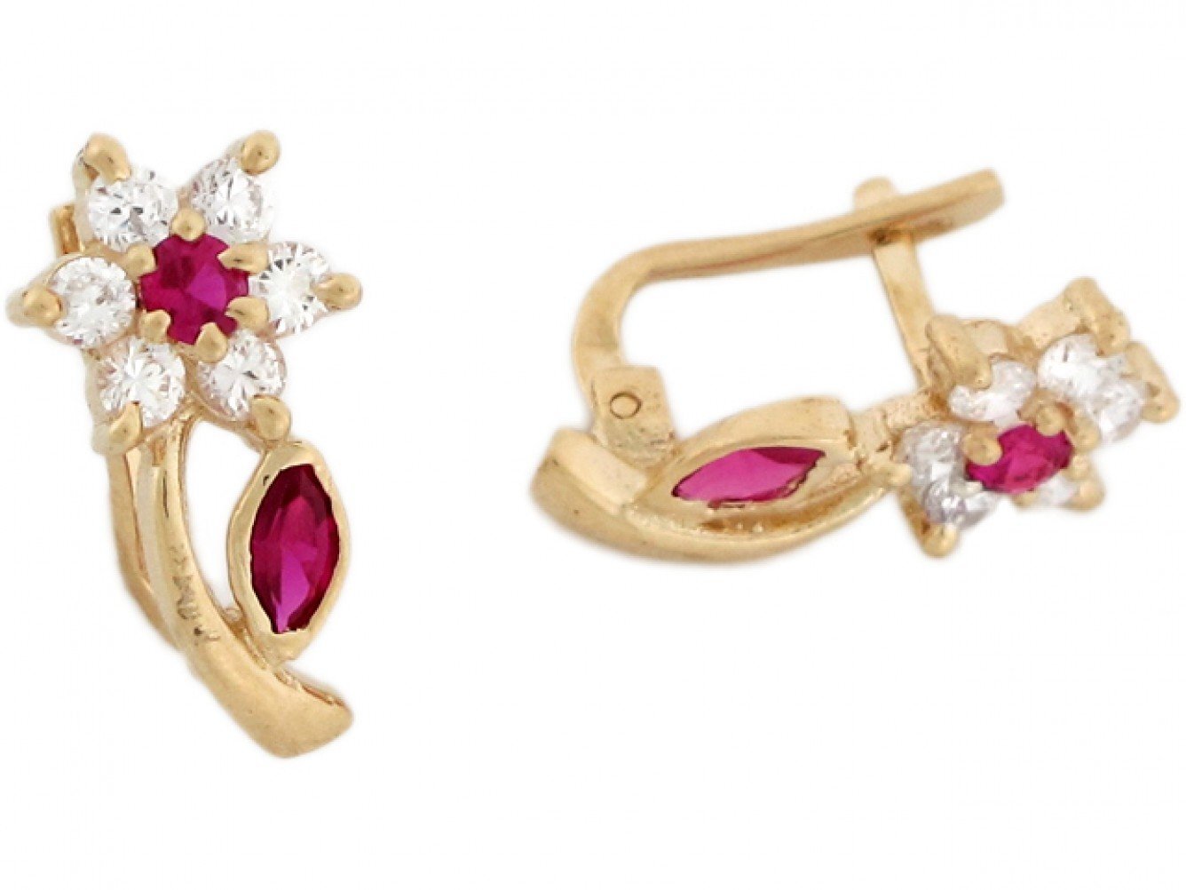 10k or 14k Yellow Real Gold White Red CZ Cute Hook Floral Womens Earrings