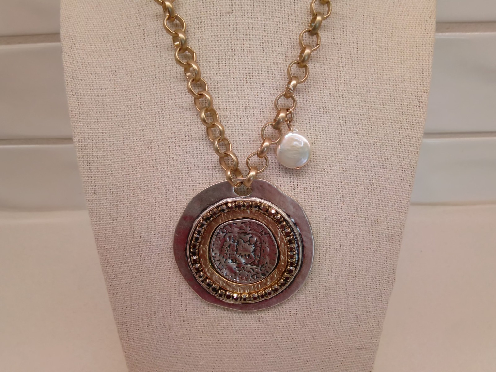 Chico’s Branded Medallion Necklace, Silver and Gold Tone w/Rhinestones