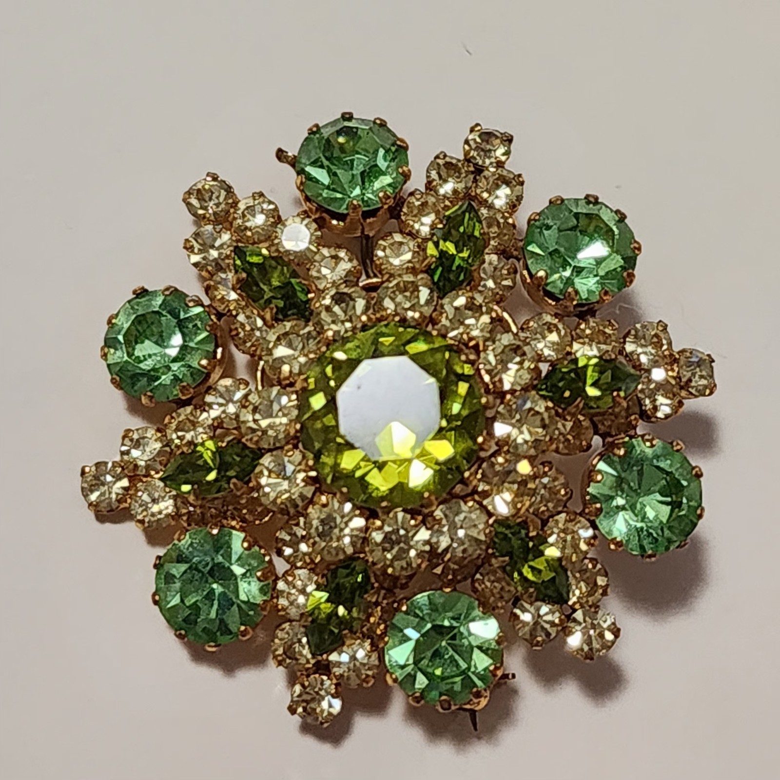 Austria Dome Brooch Green & Clear Crystal Rhinestones Small Bend in Pin