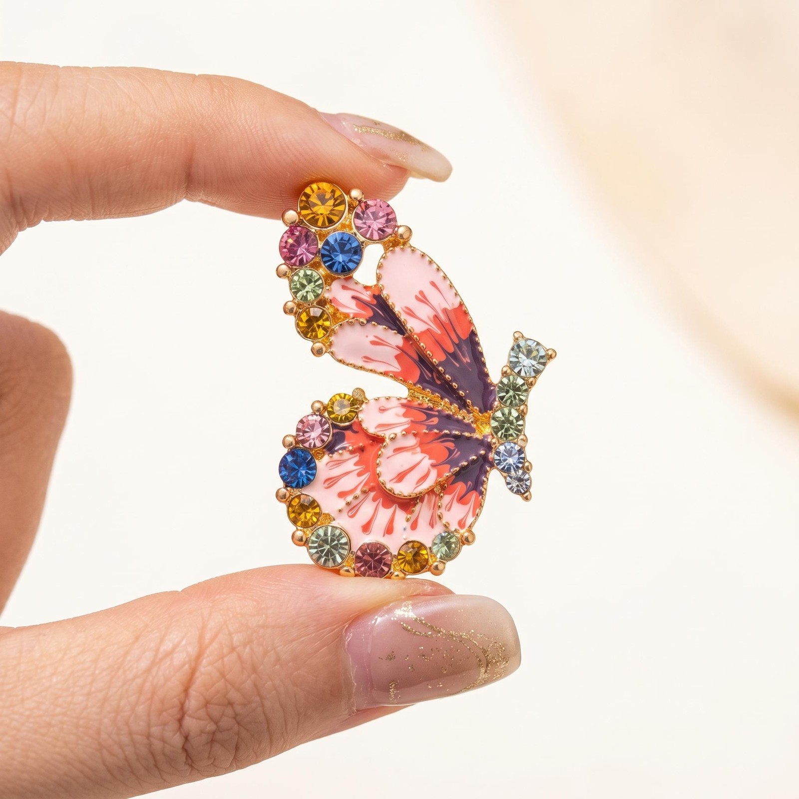 Colorful Butterfly Stud Earrings, Pink Purple Gold Rhinestone Enamel Statement