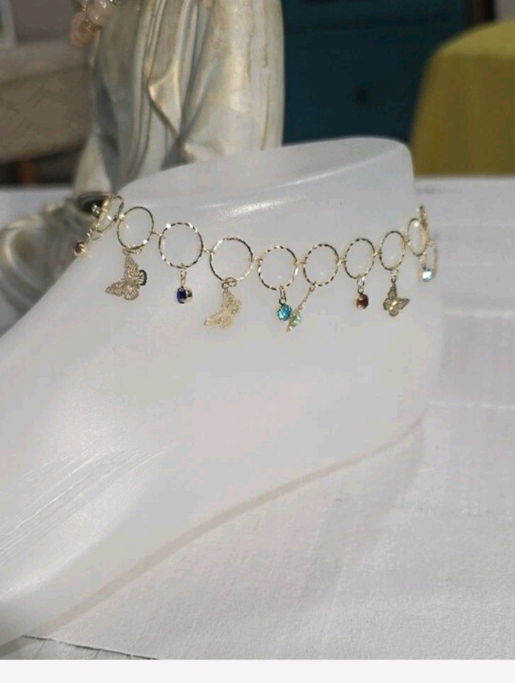 14k Gold Plated Butterfly Charm Anklet Multicolor Chain Lobster Clasp Size8″-10″