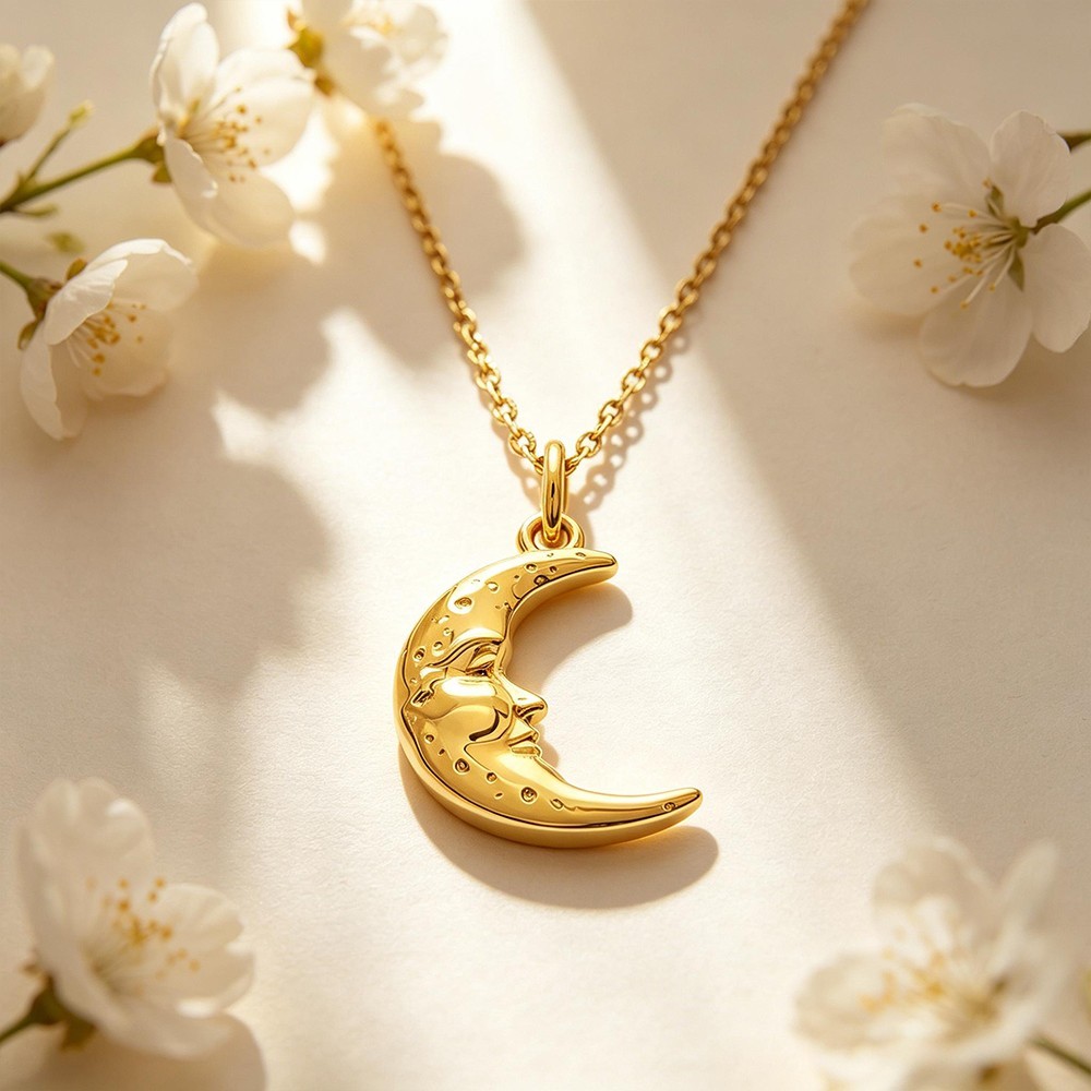 Solid Moon Pendant Necklace 14K Gold 3D Crescent Man Half Moon Charm Astrology