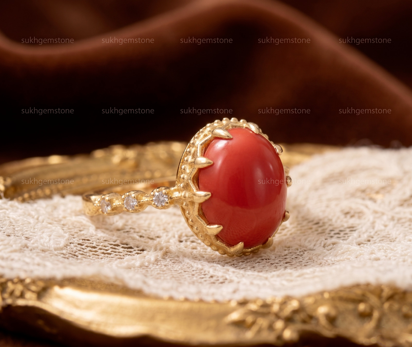 Red Coral Ring, Brass Gold Alloy , Birthday Gift Her, Women Ring