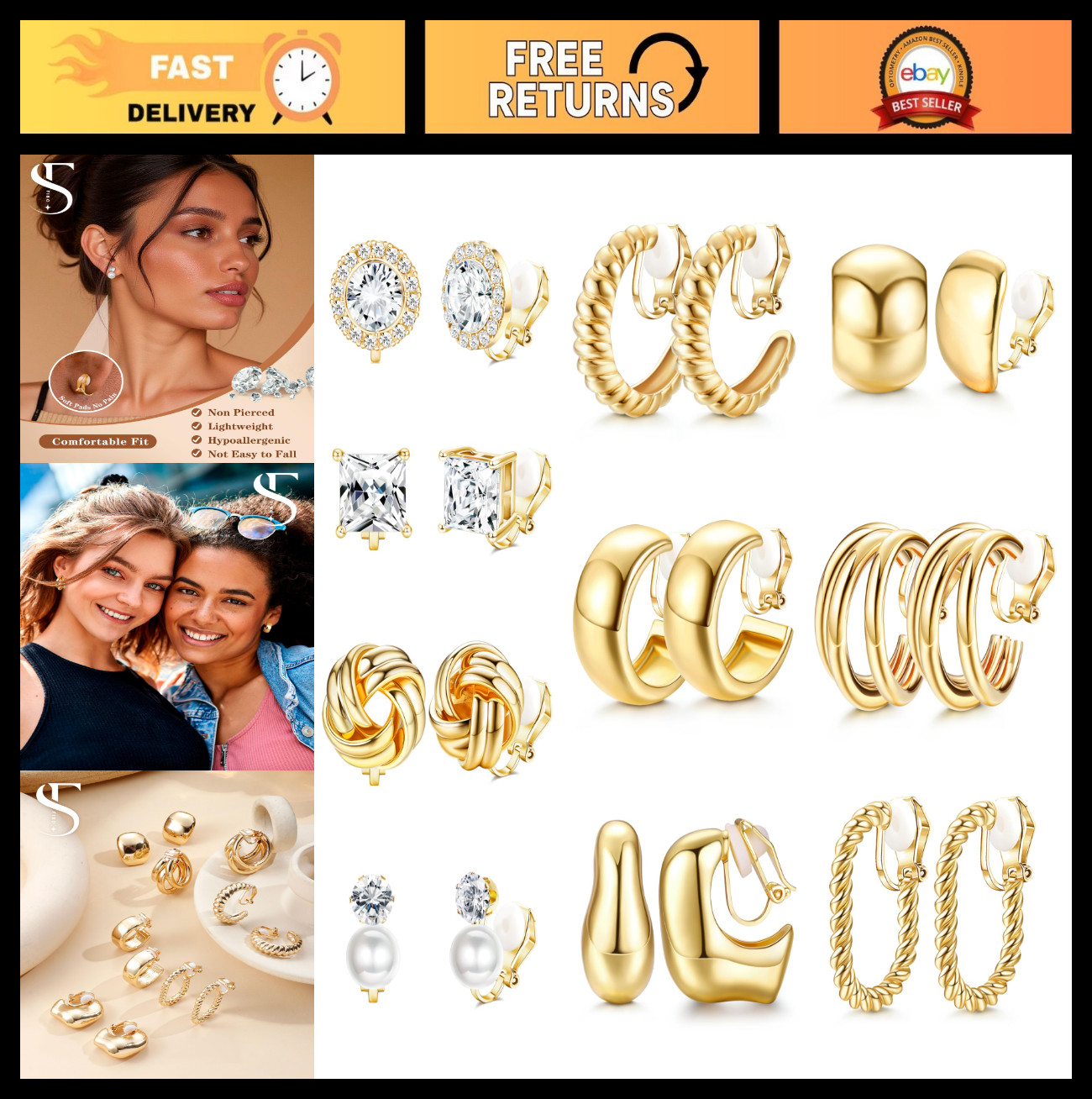 10 Pairs Non-Pierced Clip-On Earrings Set for Women – CZ Pearl, Knot, Hoop & Stu