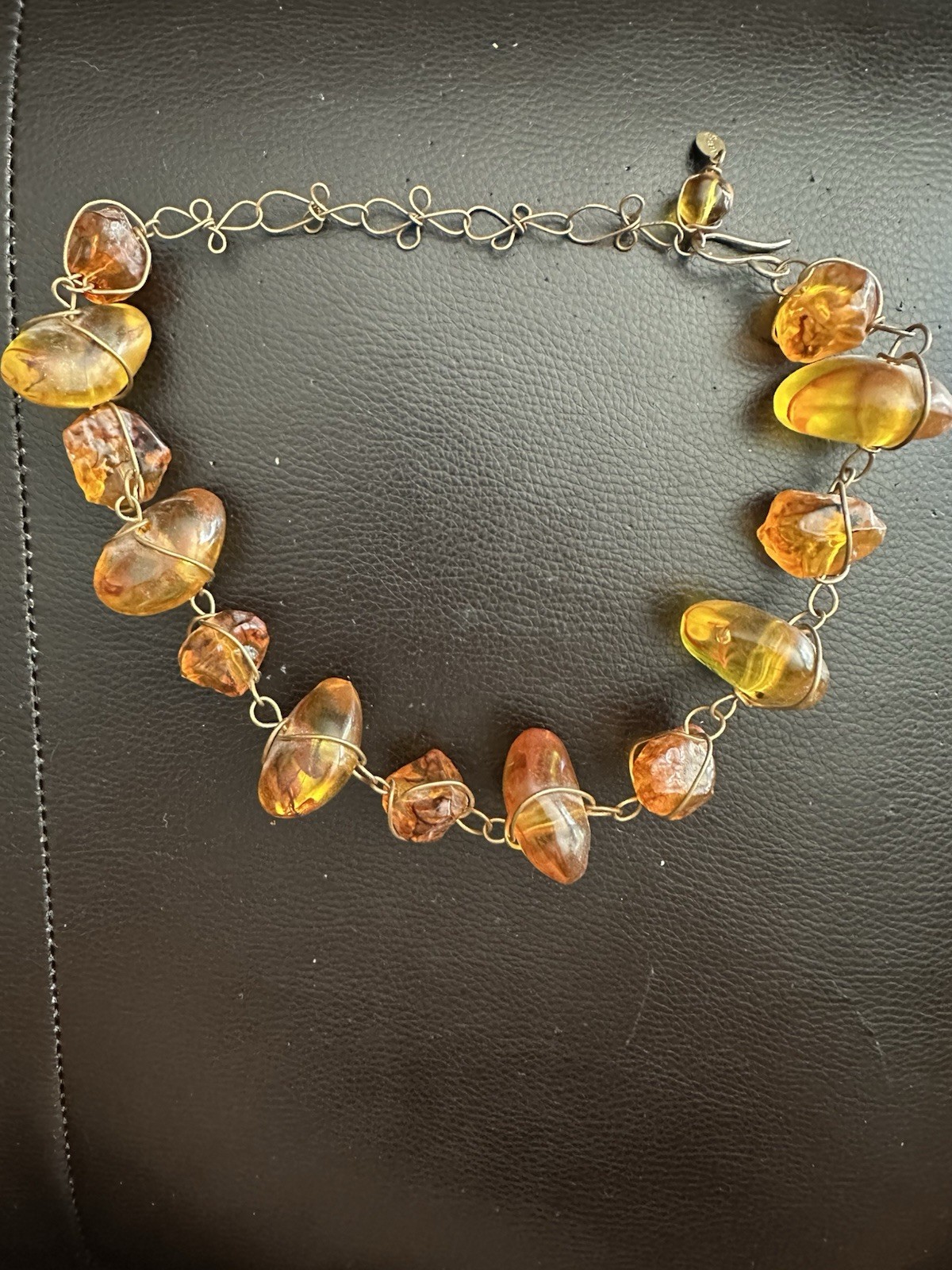 ABRA Signed Amber Freeform Beaded Wire Wrap Necklace Link & Clip On Earrings