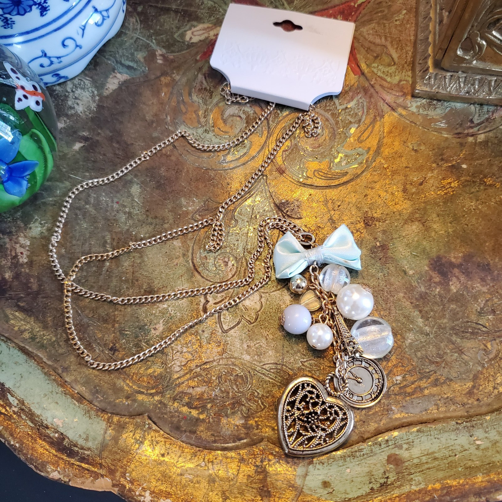 Paris Icons Long Necklace Goldtone – Musee d’Orsay Clock & Eiffel Tower – Heart