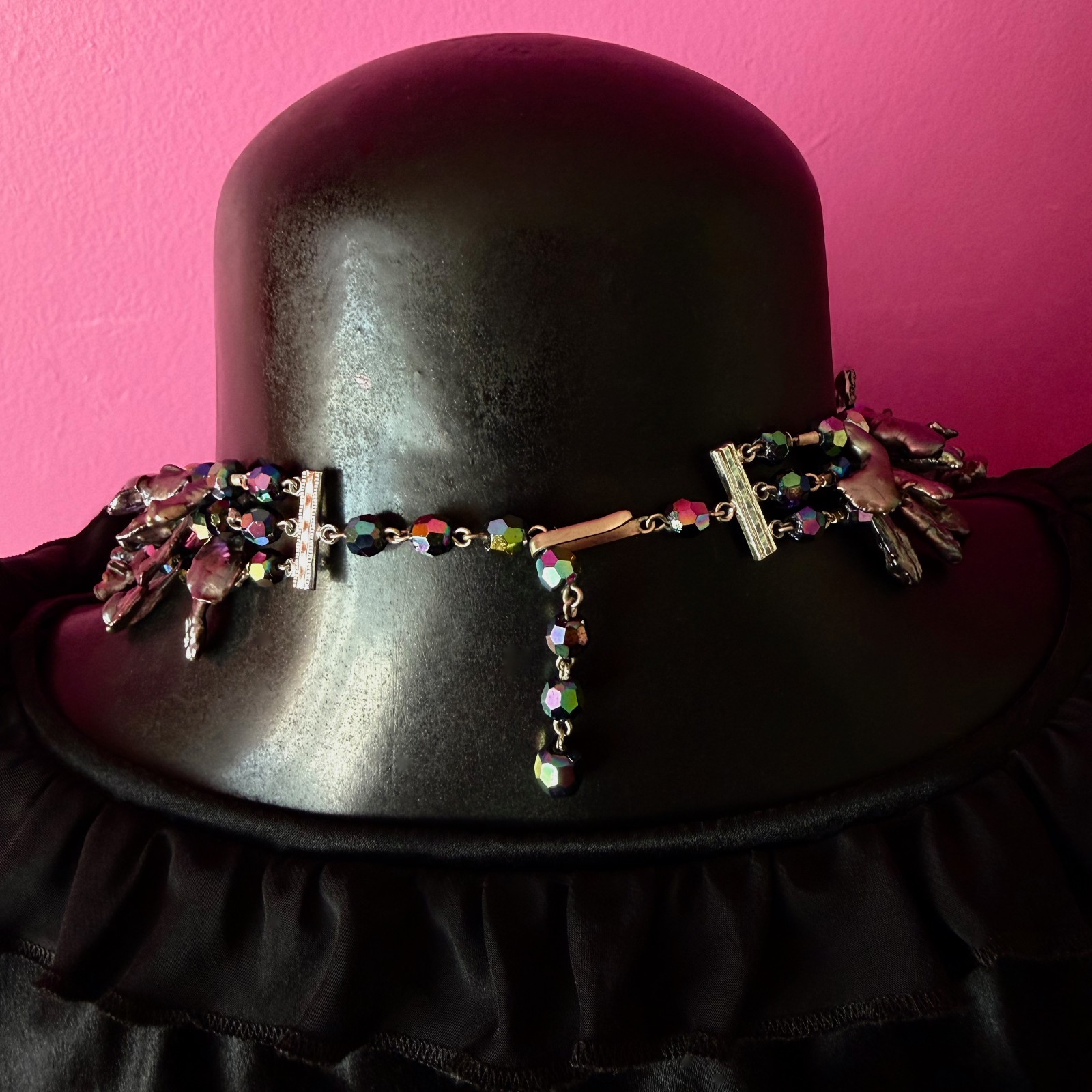 Three-Strand Vintage Black Crystal and Stick Pearl Beaded Necklace