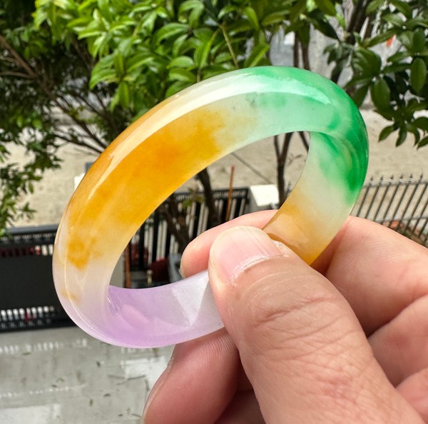 Natural Grade A Jadeite Bangle Tri-Color Green Lavender Yellow Burmese Jade 54mm