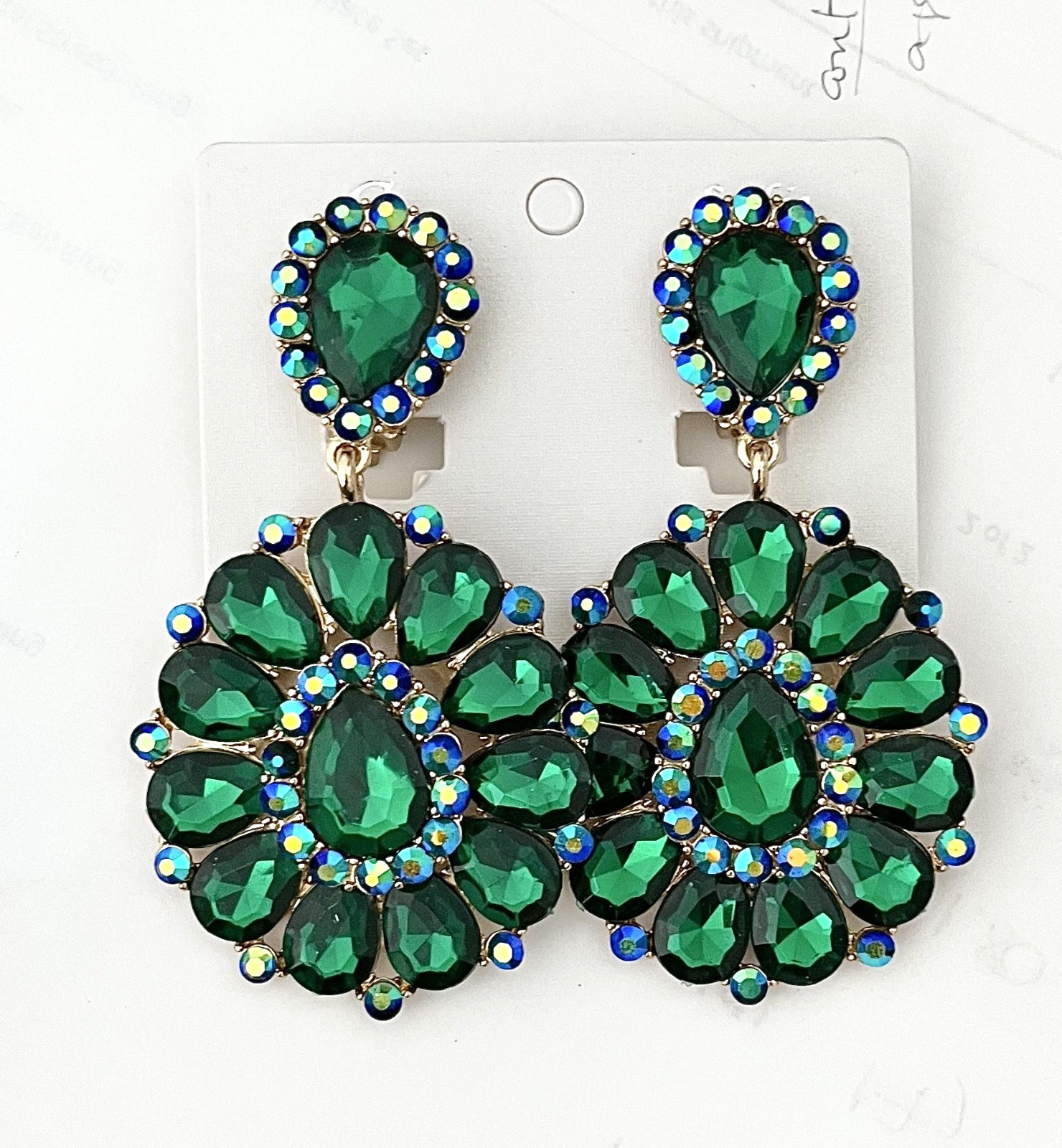 3.25″ Long Cluster Clip On Earrings Forest Green Rhinestones Drag Queen Pageant