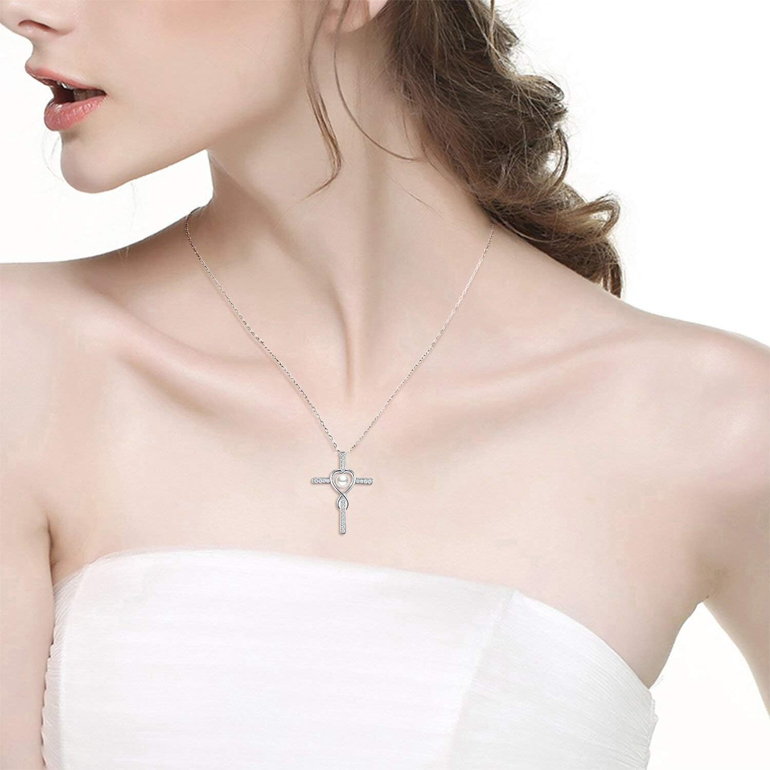 Infinity Cross Pendant with Pearl – Christian Heart Necklace for Women, Gift
