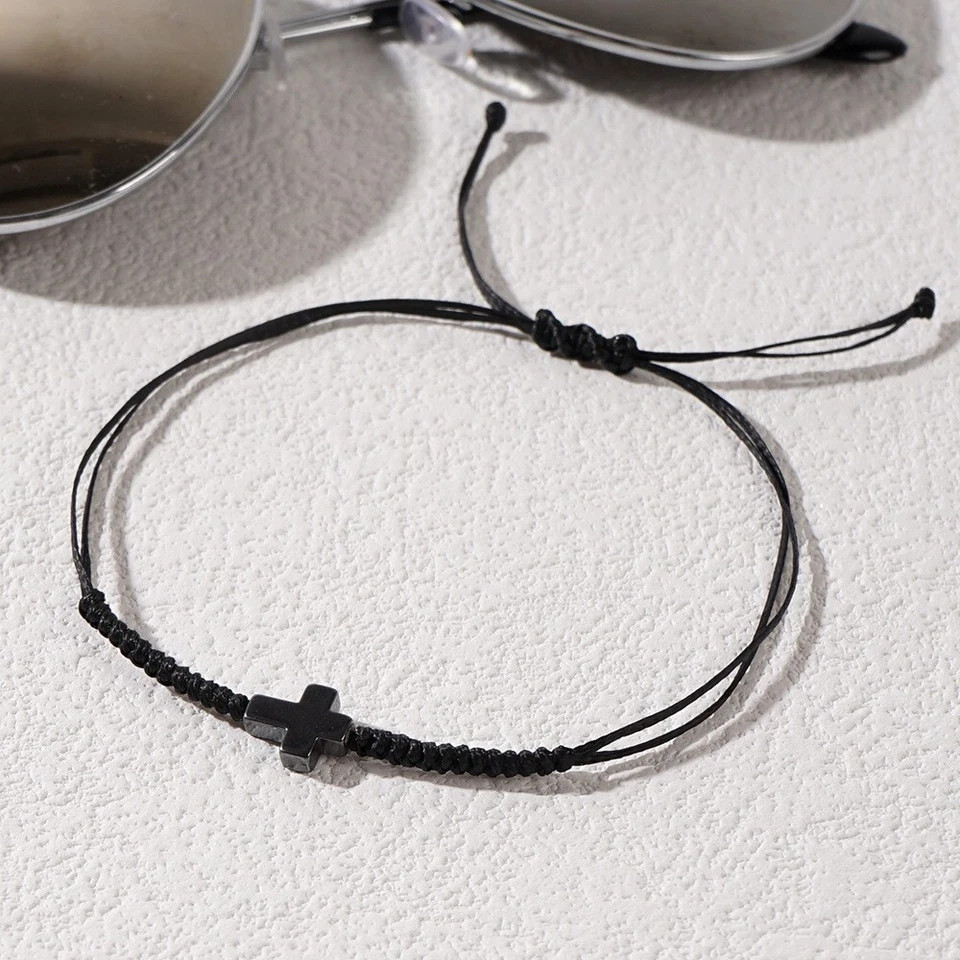 Natural Hematite Cross Charm Black String Bracelet for Men Women