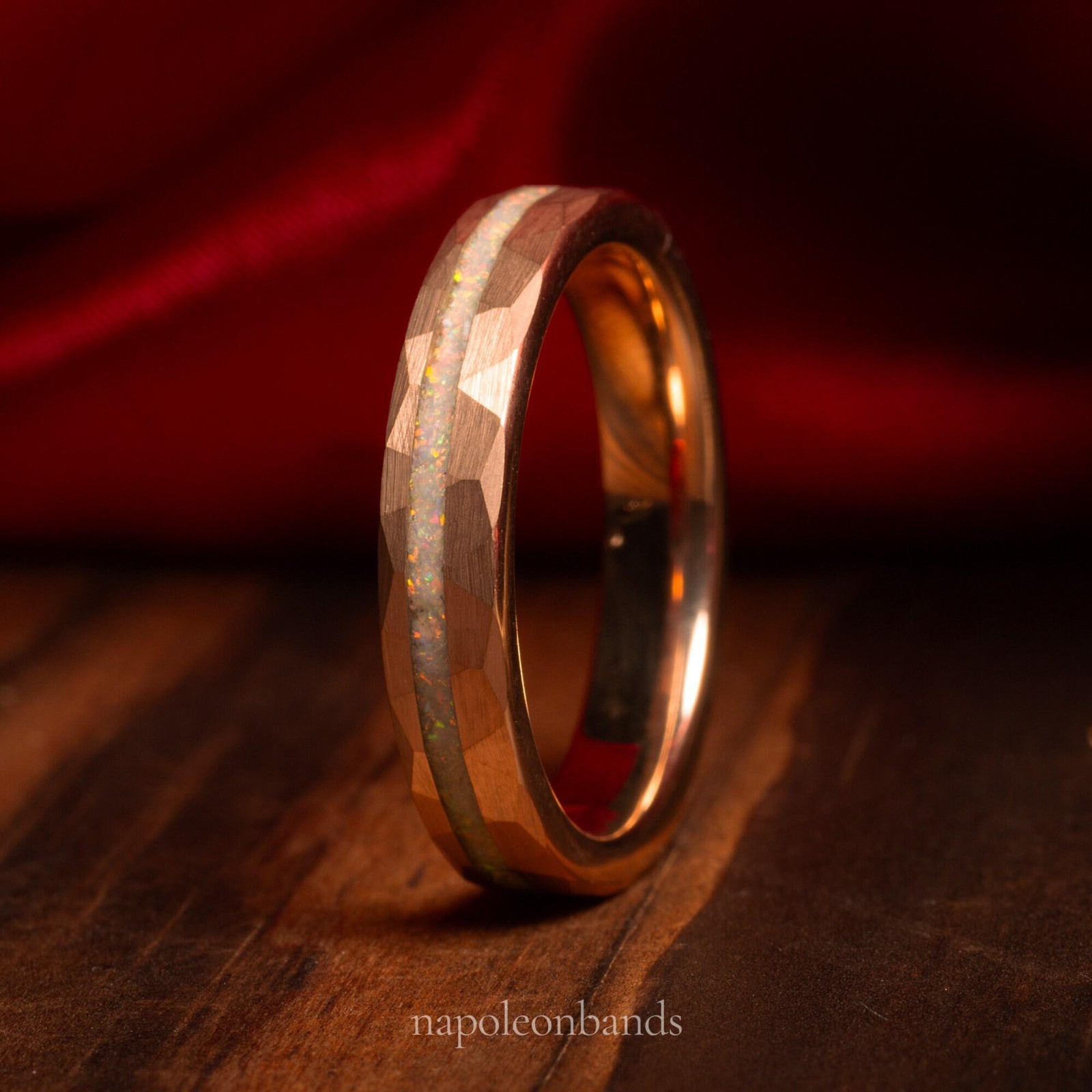 Aurora Flame – White Fire Opal Rose Gold Men’s Tungsten and Women’s Wedding Band