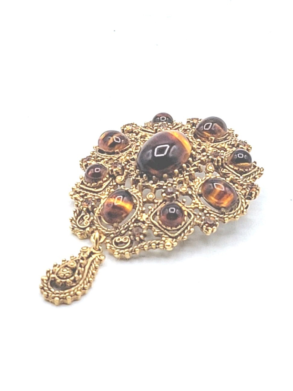 Lisner Tiger Eye Round Stones Intricate Openwork Gold Tone Vintage Brooch