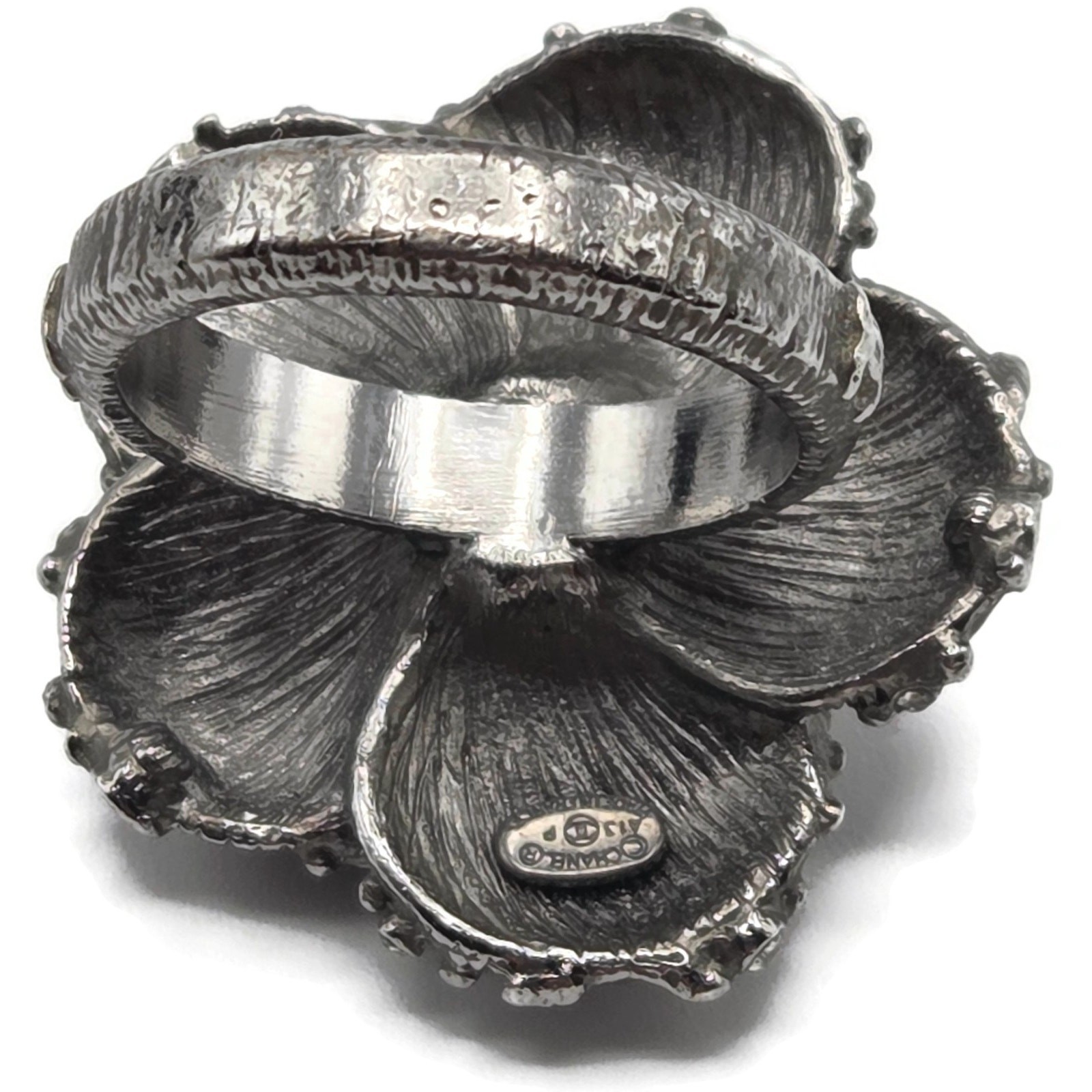 Chanel Camellia CC Ring Ruthenium Black Enamel Crystal EU 54 US 7 w/ Box 13P