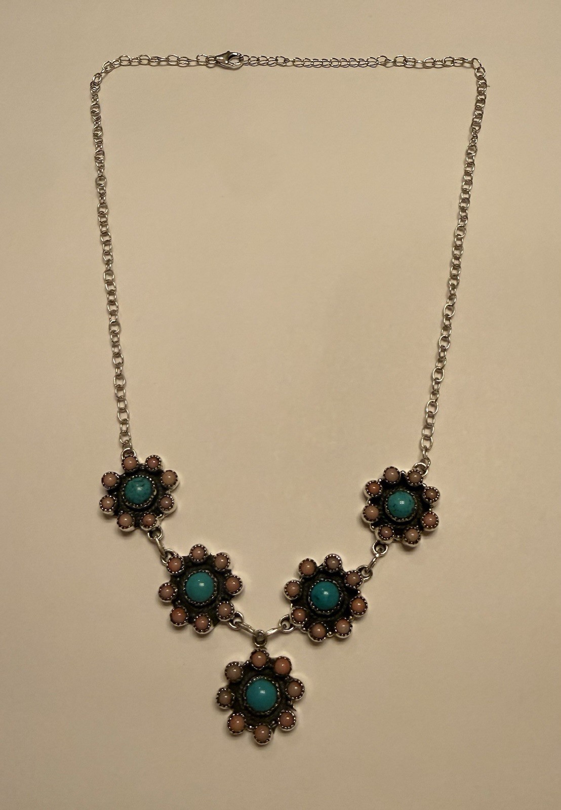 Sterling Silver Turq & Pink Opal Necklace Stamped 925 SS Adj 22” @ Longest