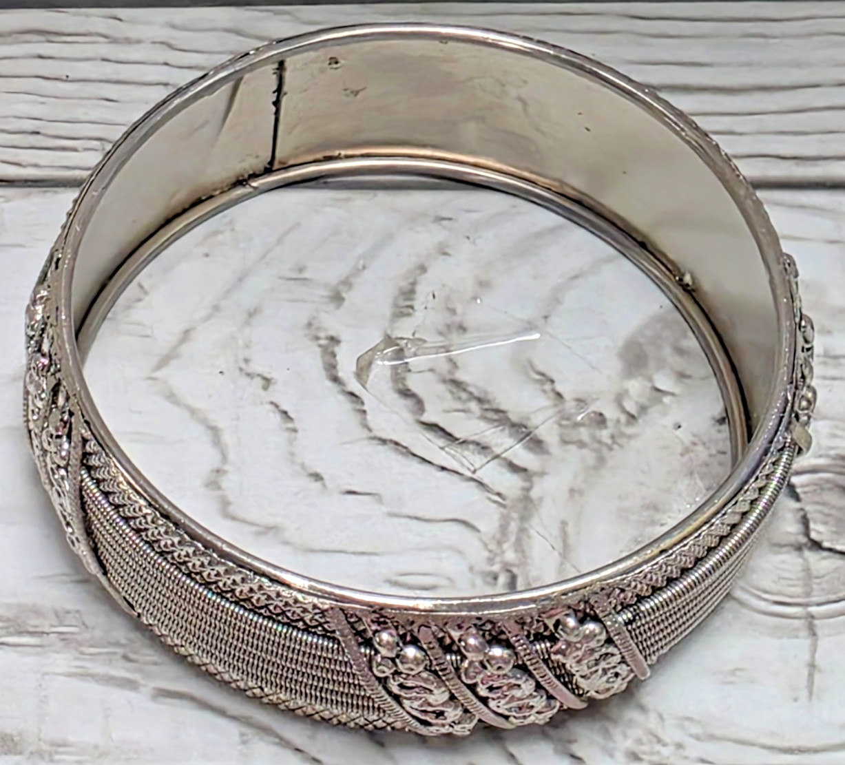Silver Plated Bangel ‘Knitted/Braided’ Look, Non-Closure Bracelet 2.75″ x 1″