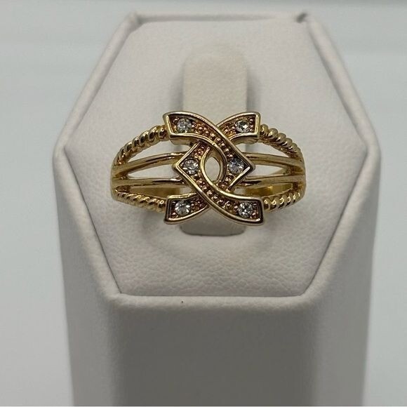 Gold Tone Interlocking Geometric Rhinestone Statement Ring Size 8.5 Split Shank