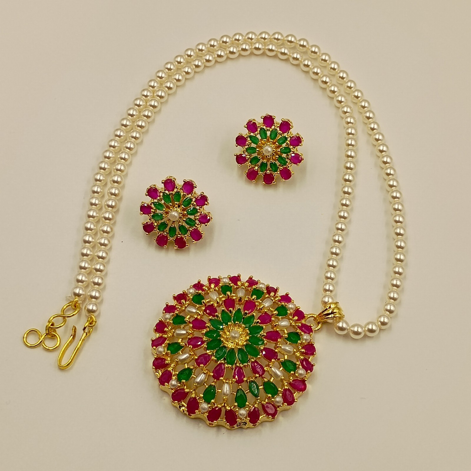 Ruby Emerald & Pearl Pendant Set 22k Gold Plated Traditional Indian Jewelry Gift