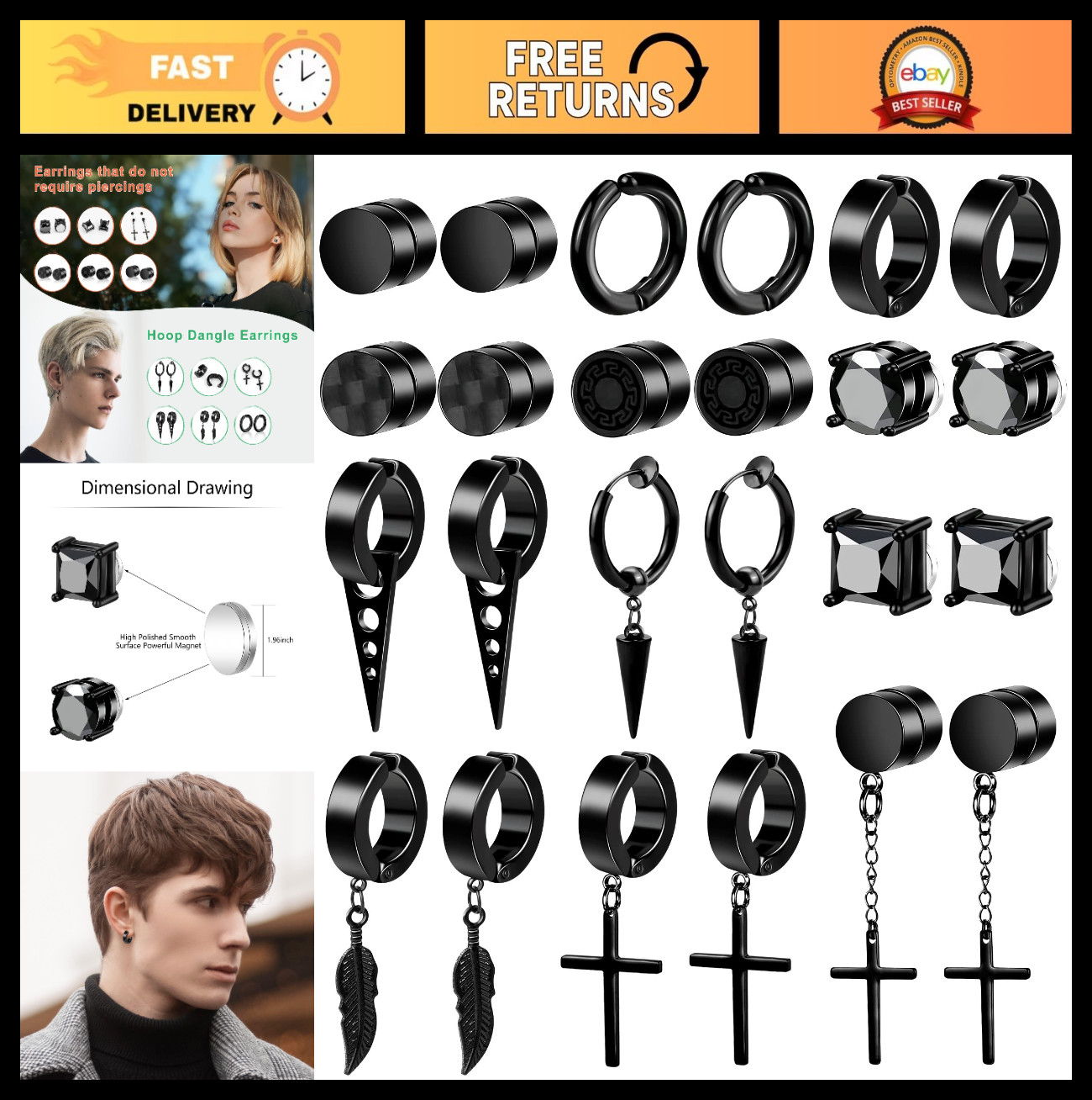 12 Pairs Magnetic Earrings Set – Clip On, Hoop & Dangle, Non-Piercing for All