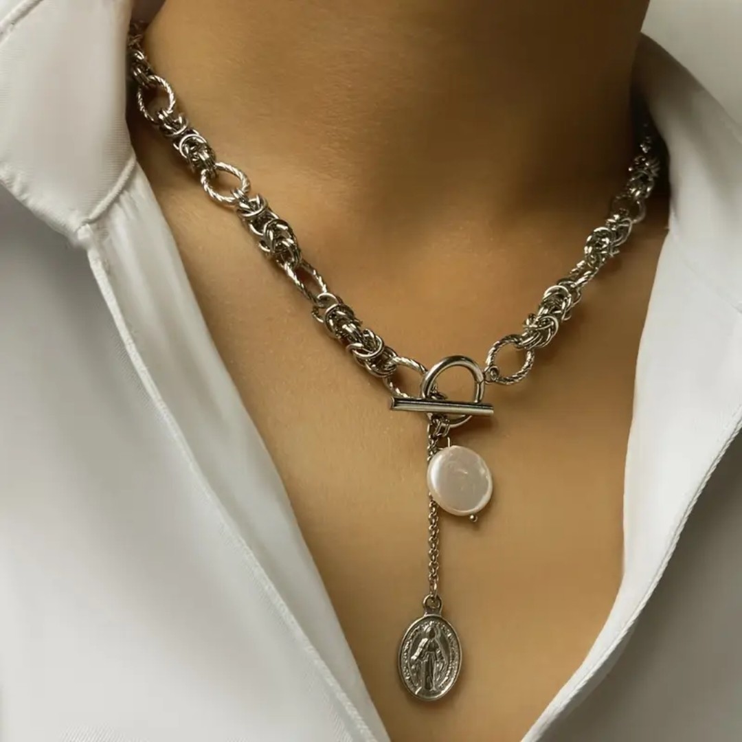 Boho Stainless Steel Necklace w/ Toggle Closure, Genuine Baroque Freswater Pearl