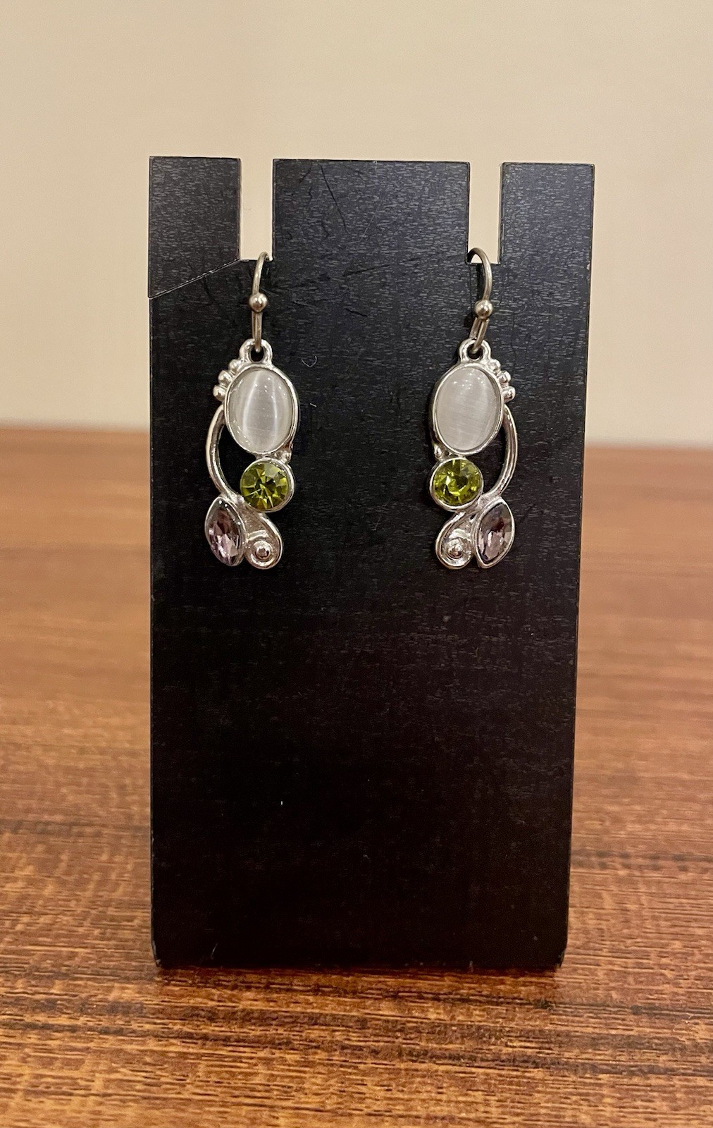 Small Drop Dangle Adorned Faux Opal, Light Green & Lavender Stones ￼