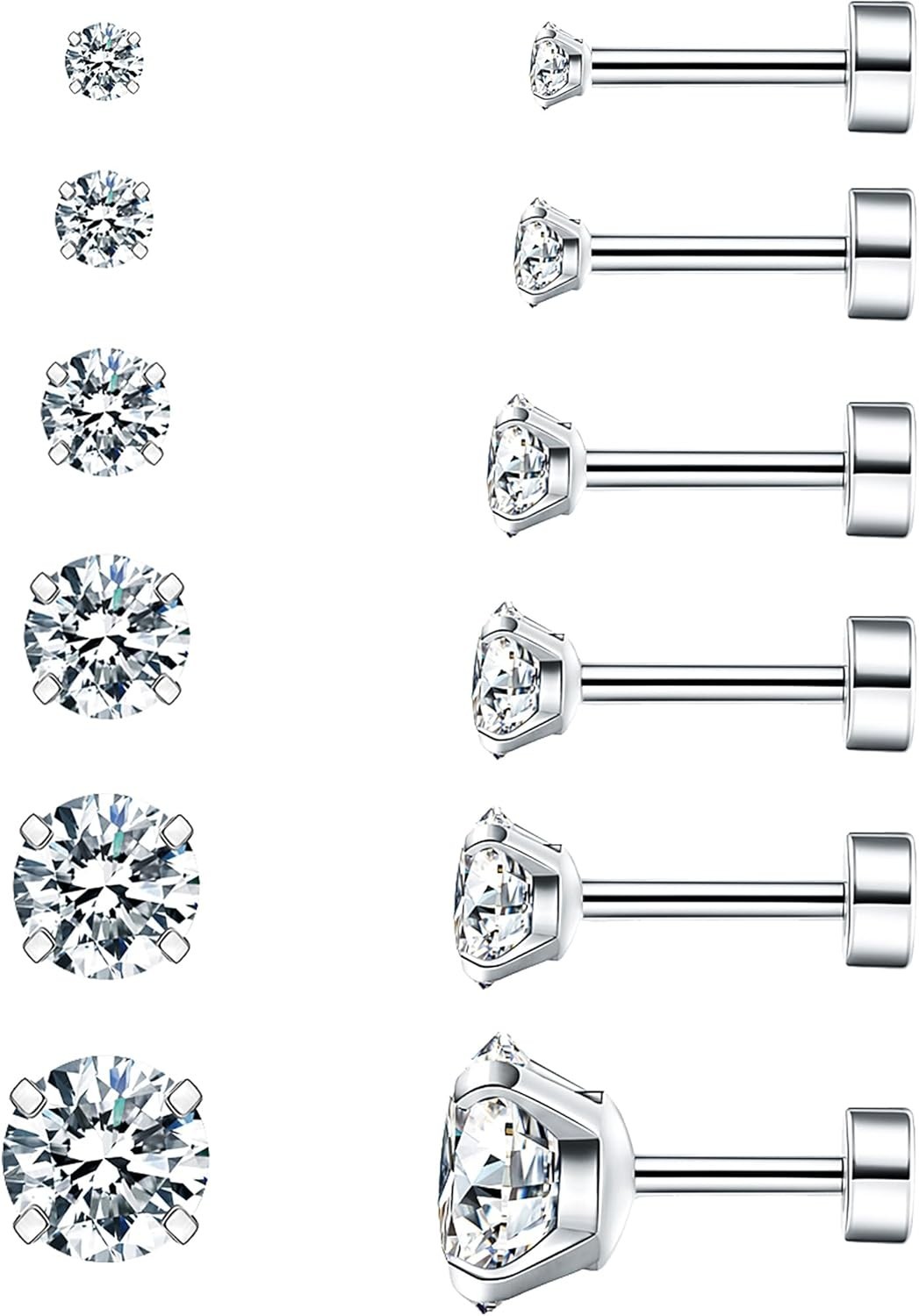 6 Pairs Hypoallergenic Cubic Zirconia Earrings Surgical Steel Flat Back Studs…