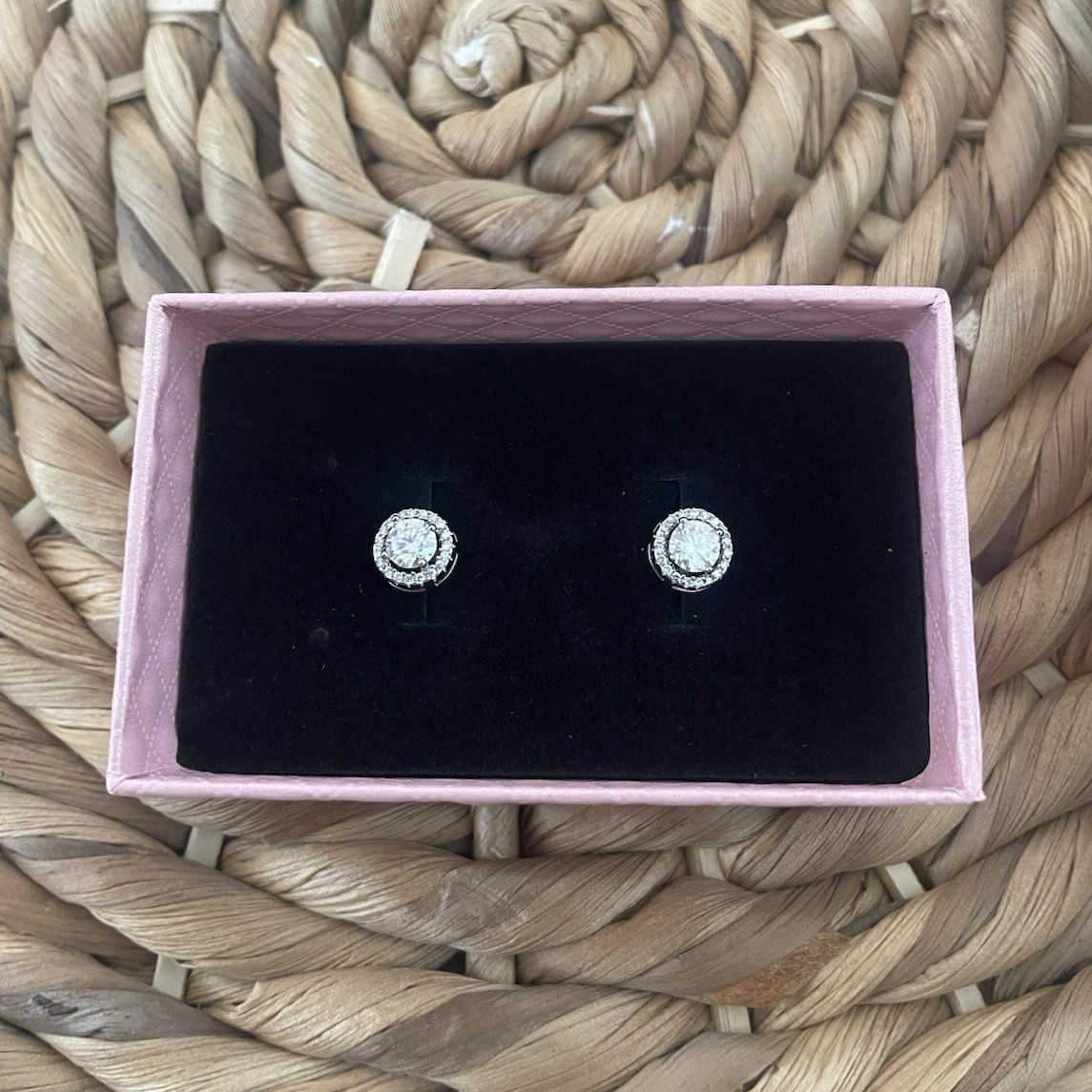 Silver Tone Round Halo Cubic Zirconia Stud Earrings, Butterfly, Moisanite