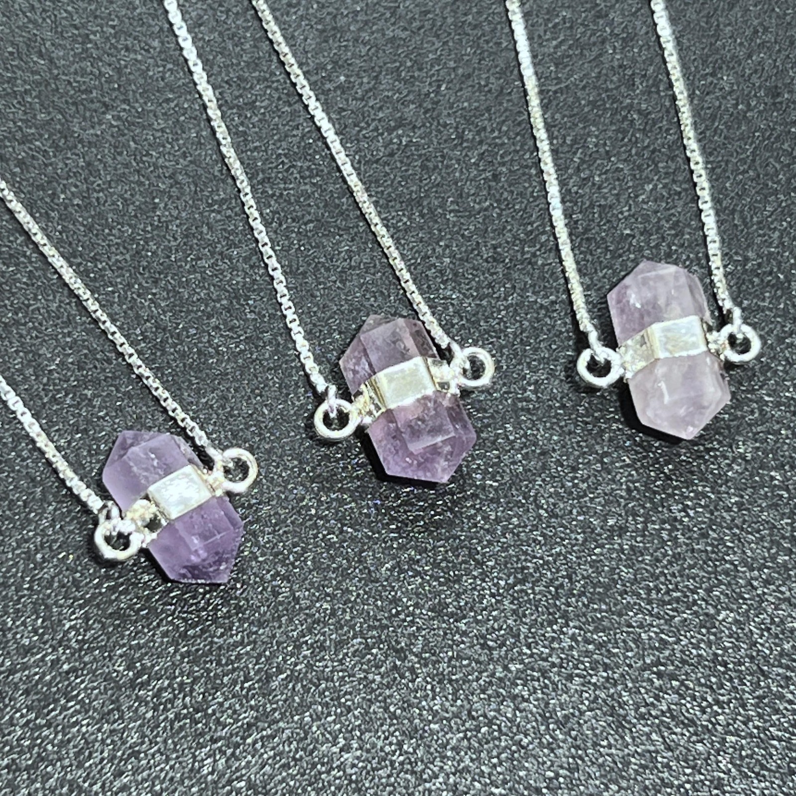 Amethyst Crystal Petite Double Terminated Point Pendant Necklace (16 Inch Chain)