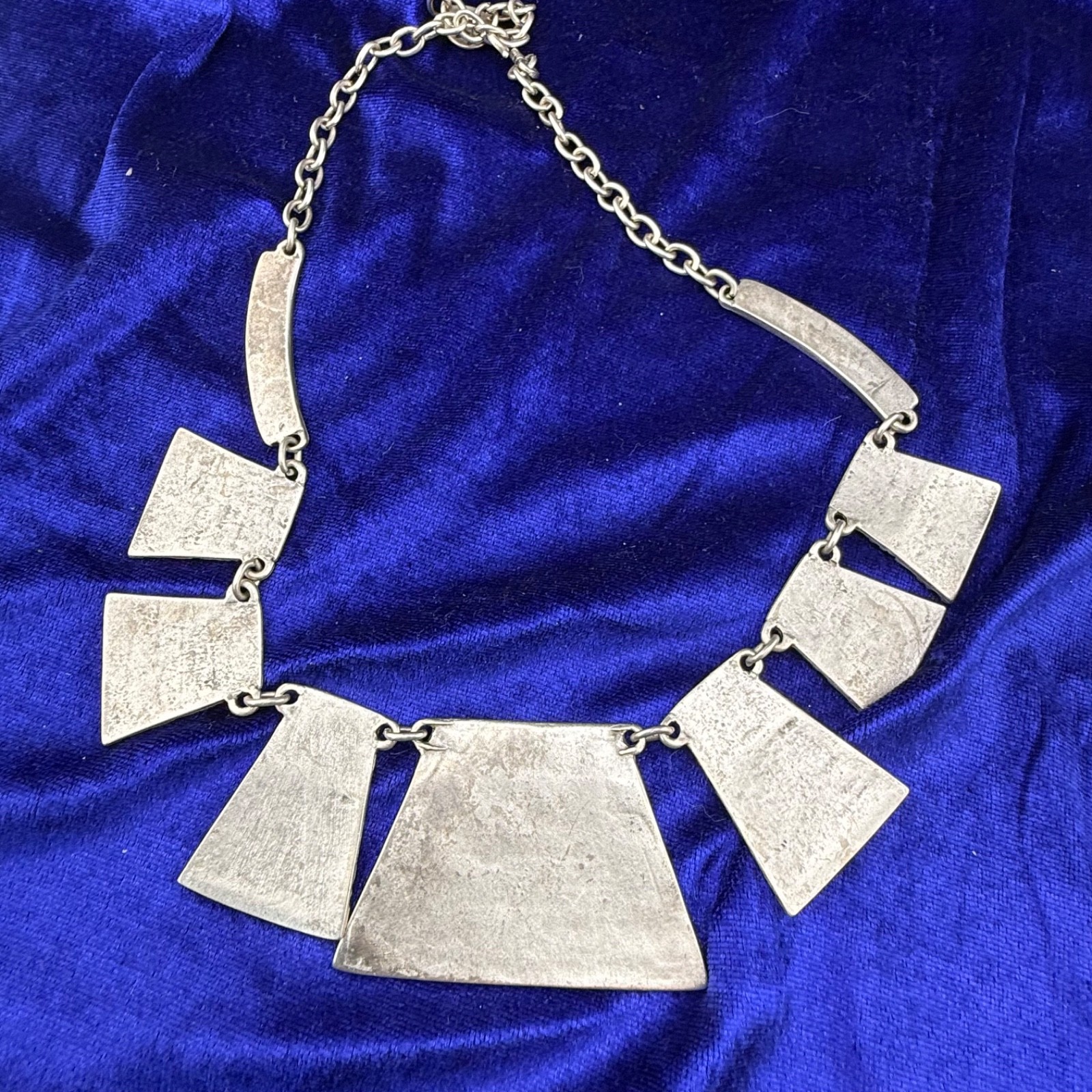 Mozaic Necklace Bib Brutalist Silver Tone Signed 20”