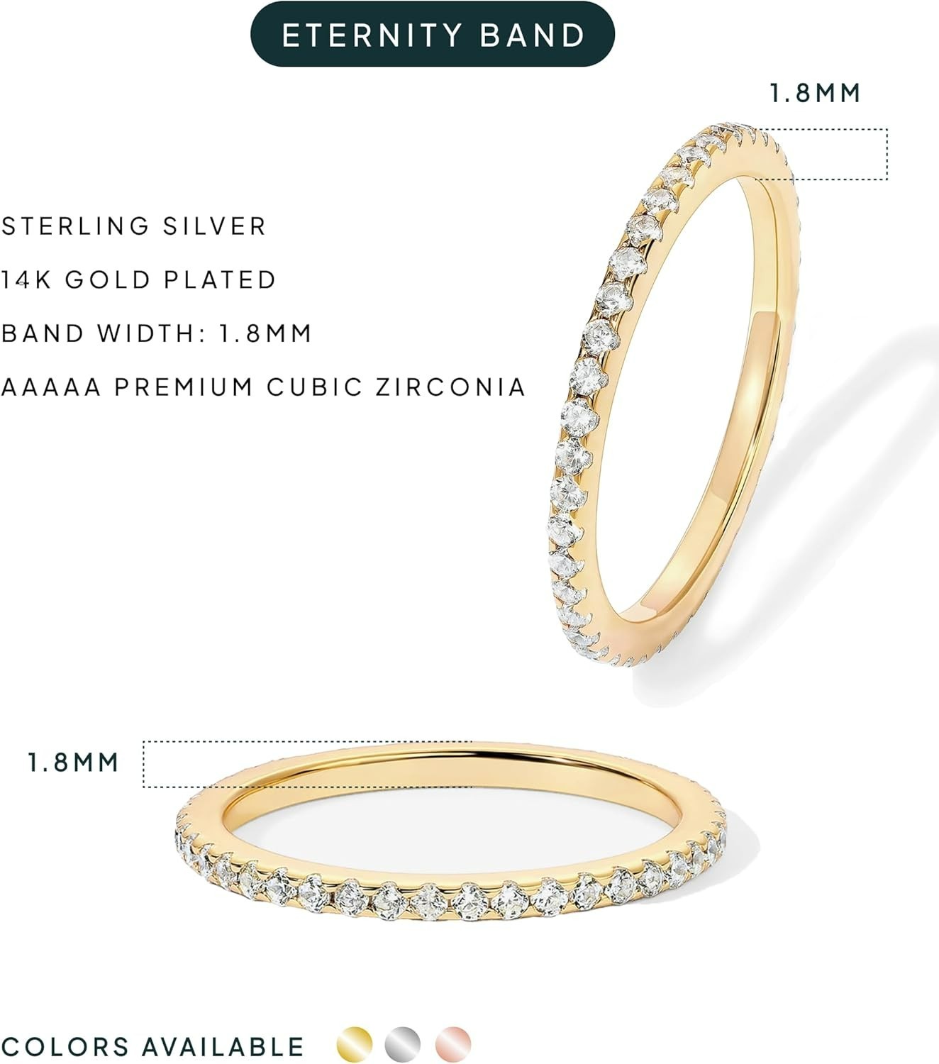 Gold Plated Solid 925 Sterling Silver CZ Simulated Diamond Stackable Ring Ete…