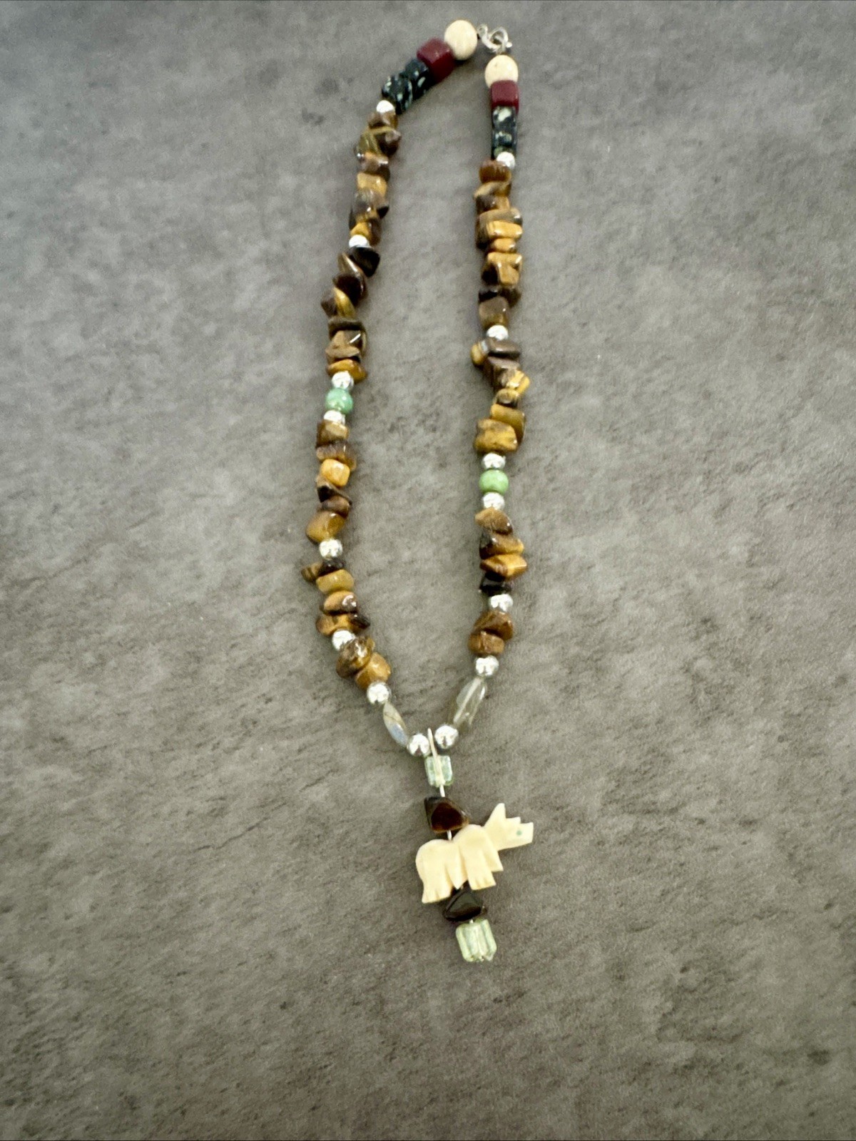 14” Choker Animal Carved Bear Tiger Eye Bead Necklace w/Bear Pendant Tribal Boho