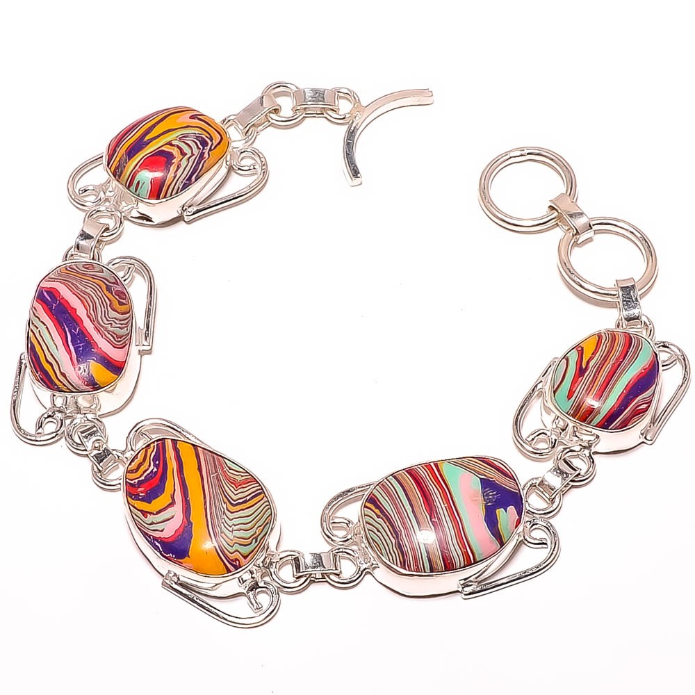 Rainbow Calsilica Gemstone 925 Silver Plated Bracelet 7-7.99″ TB7511-222