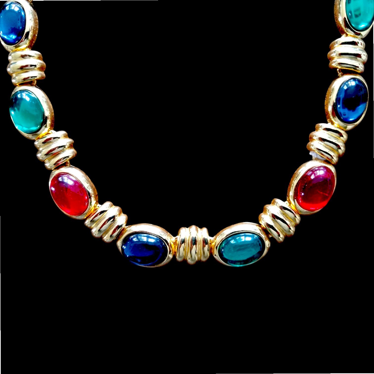 Necklace Gold Plated + Gripoix Poured Glass Multicolored Oval Cabochons Vintage