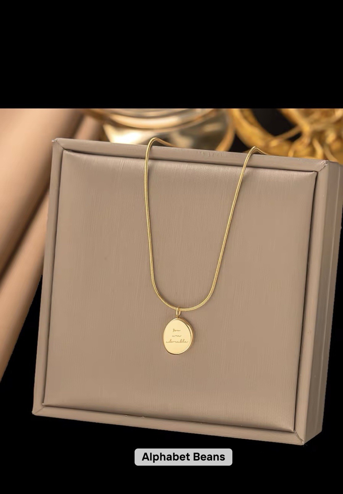 Alphabet Beans Gold Plated Round Engraved Charm Pendant Necklace, Snake Chain