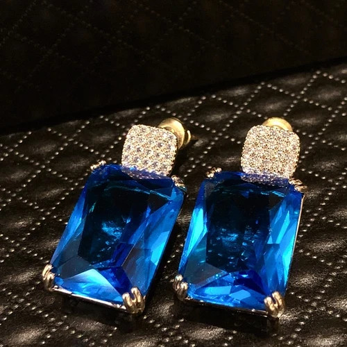 10 CTW Lab-Created Blue Sapphire Dangle Drop Earrings 18k Gold Filled Finish