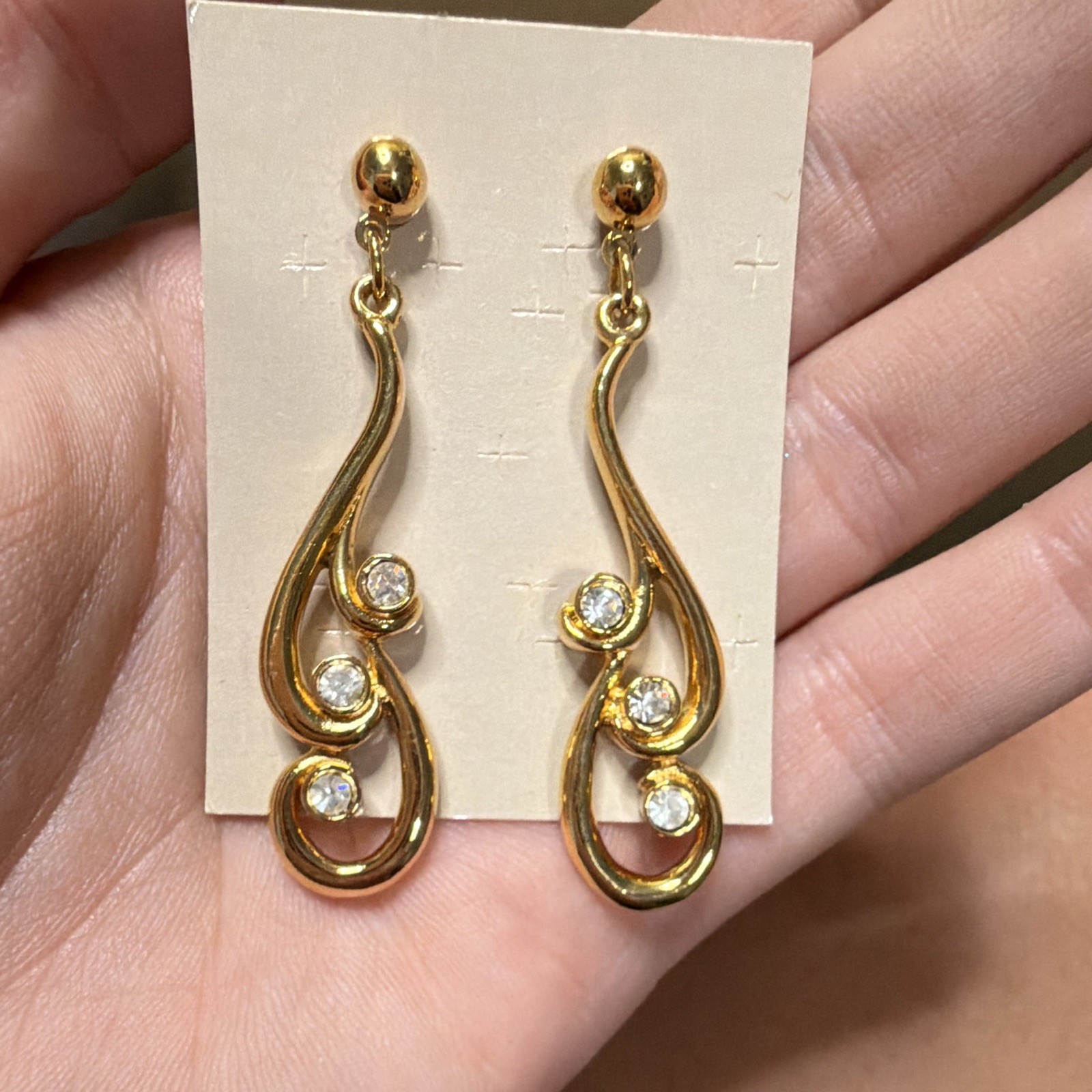 Avon Drop Earrings Gold Tone Crystal, Surgical Steel Post
