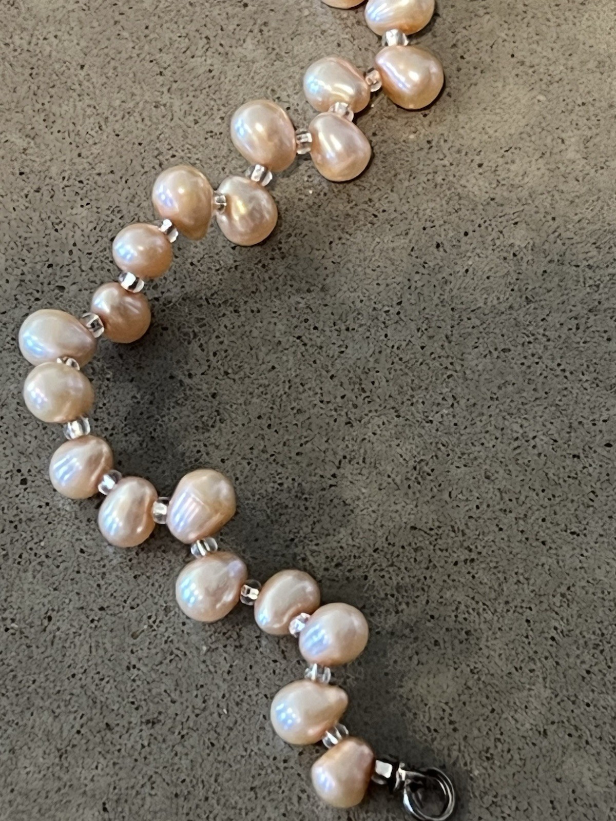 Freshwater Champagne Peach ￼Pearl Bracelet Sterling 925 Baroque 7.5” 8.6g Heart